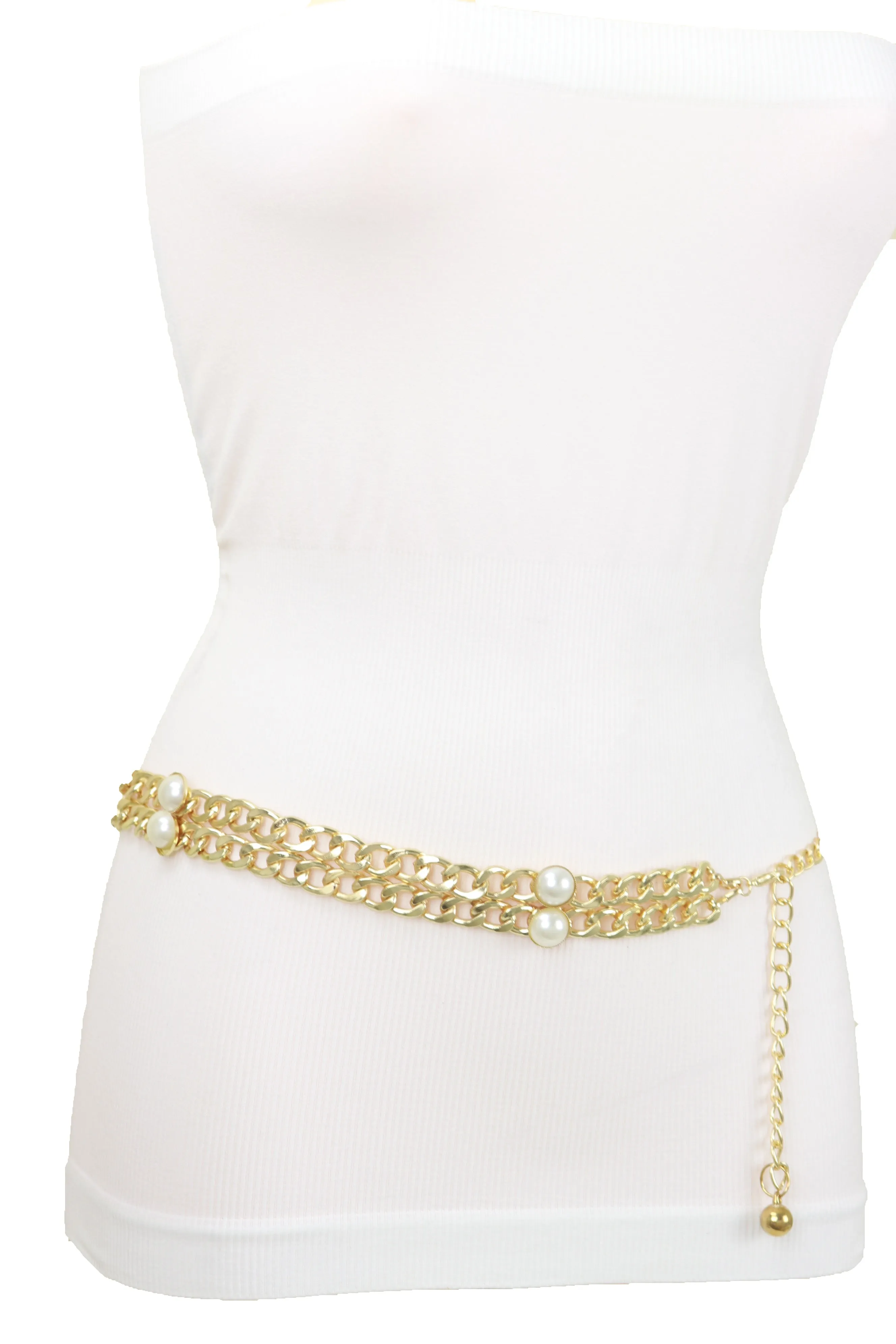 Gold Metal Chain Links Belt Pearl Beads S M