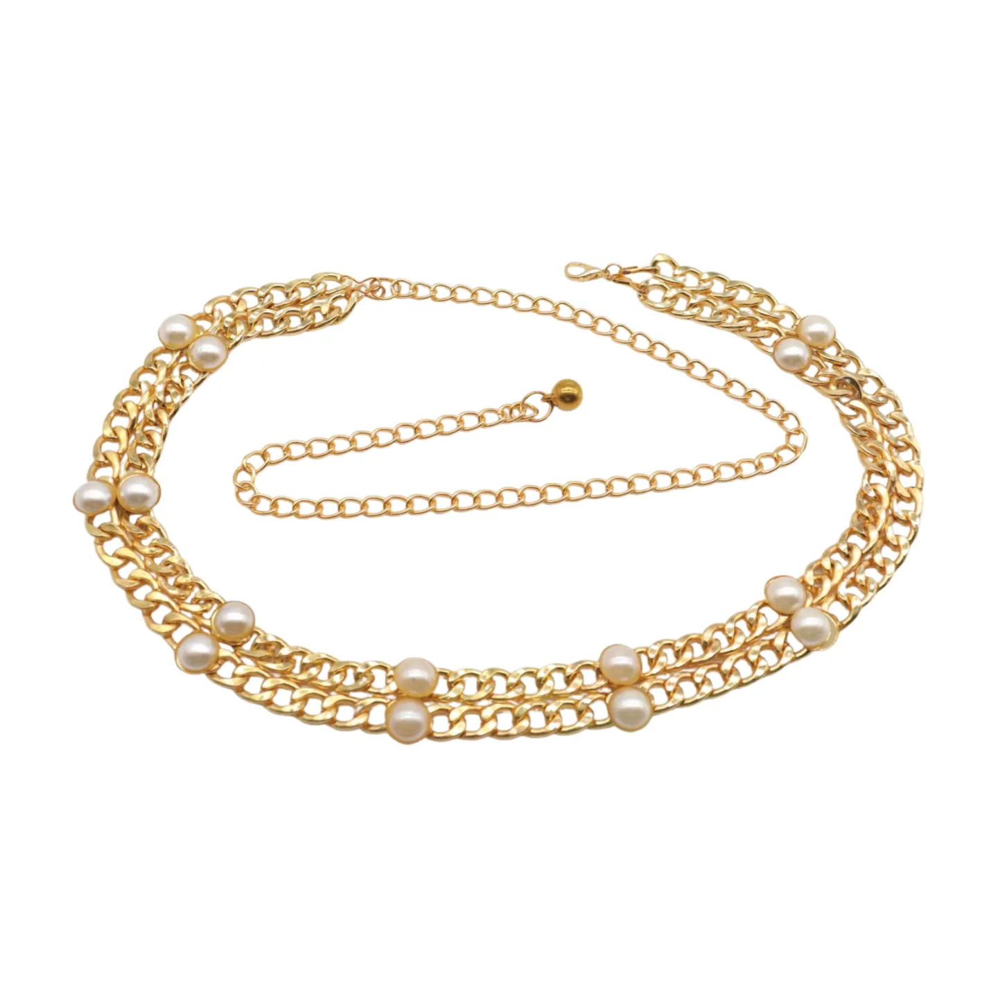 Gold Metal Chain Links Belt Pearl Beads S M