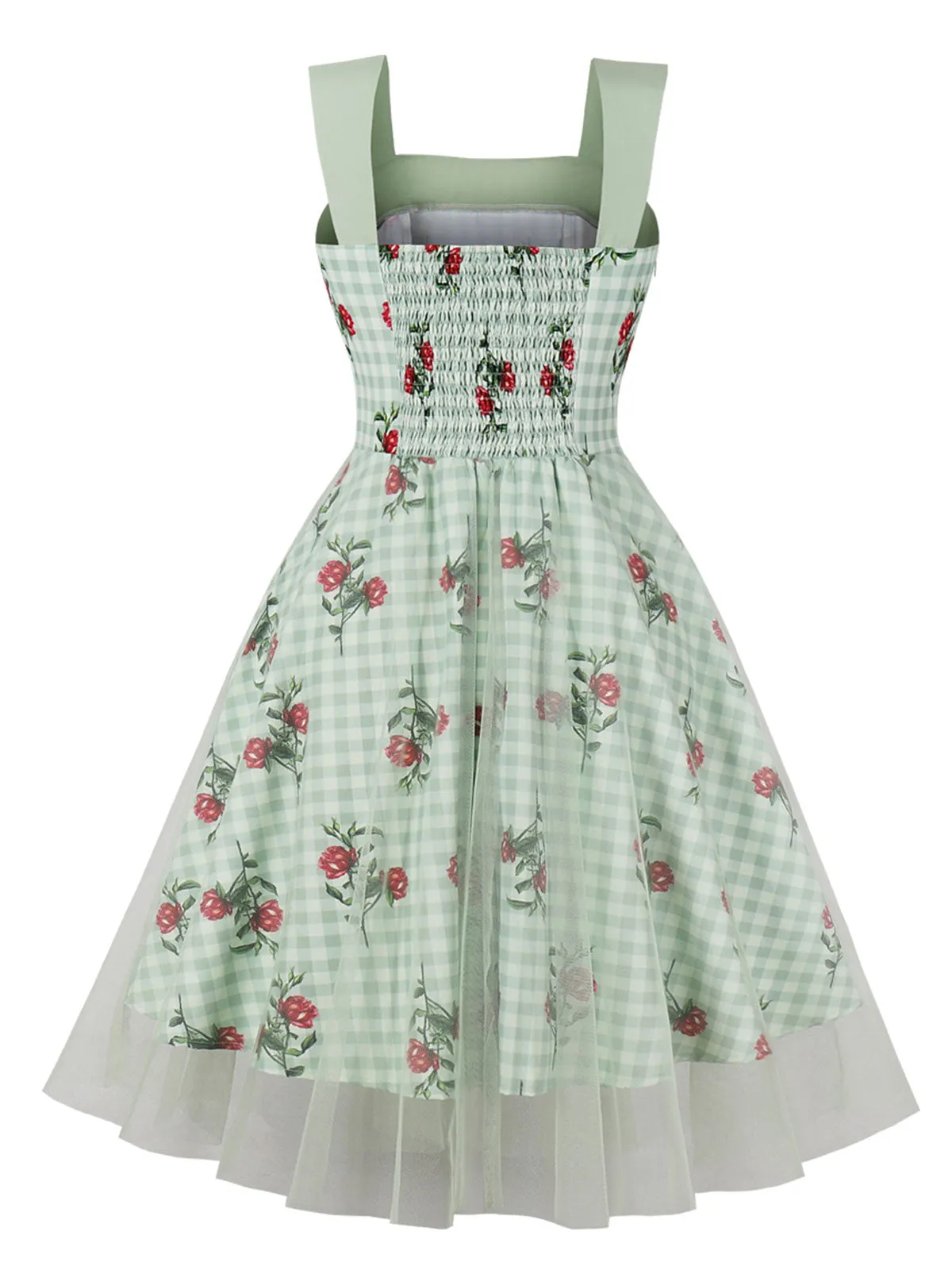 Green 1950s Plaid Floral Mesh Patchwork Dress