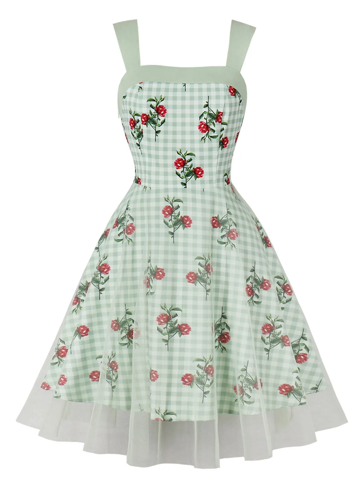 Green 1950s Plaid Floral Mesh Patchwork Dress