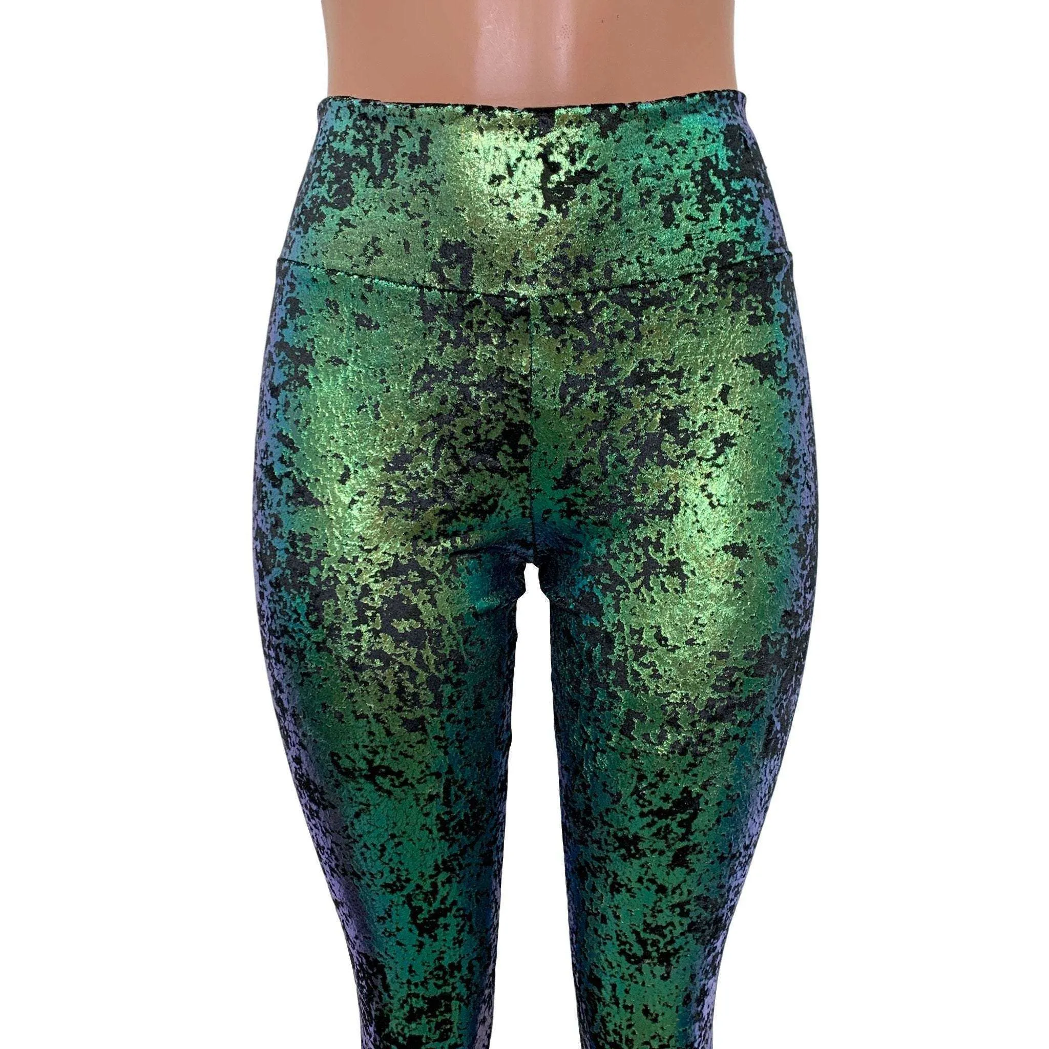 Green on Black Gilded Velvet High Waisted Leggings Pants