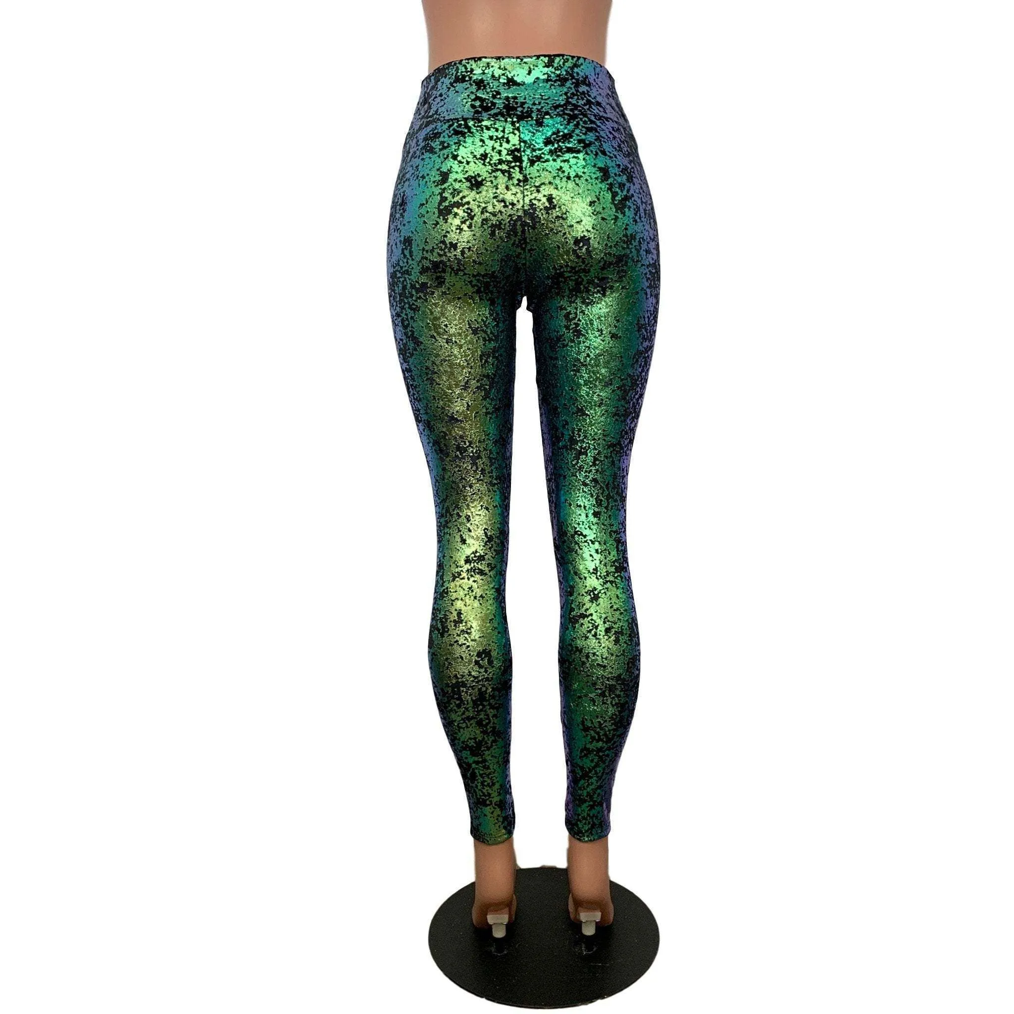 Green on Black Gilded Velvet High Waisted Leggings Pants