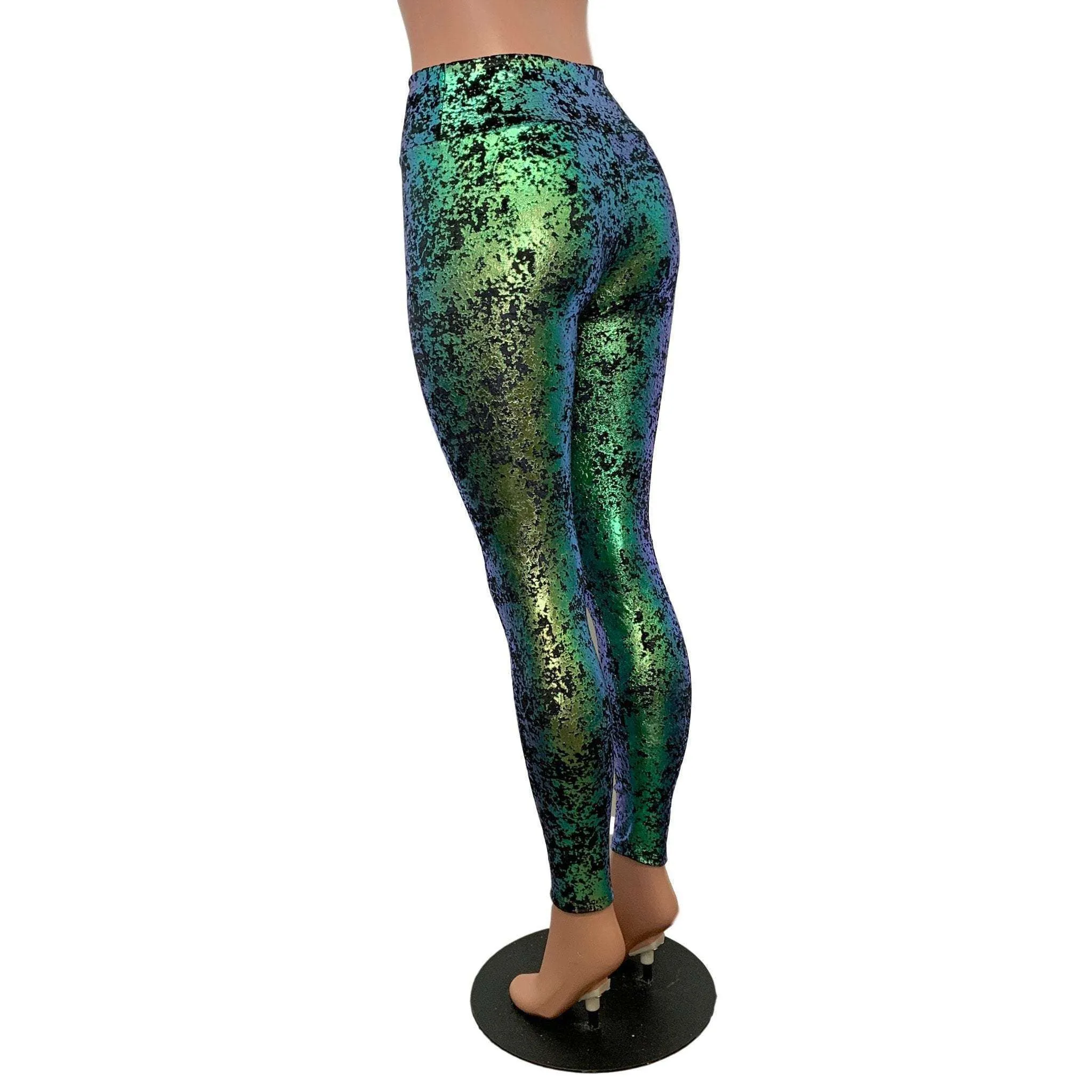 Green on Black Gilded Velvet High Waisted Leggings Pants