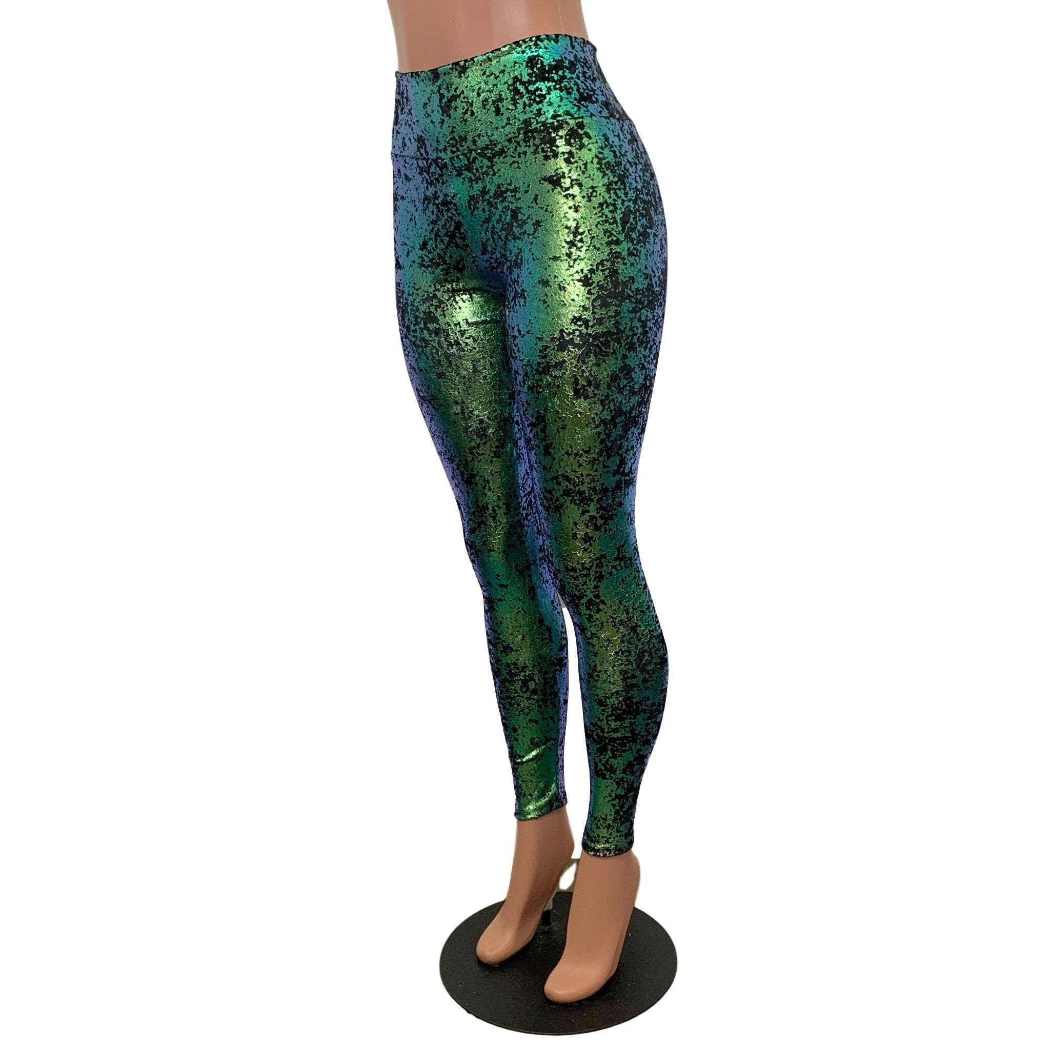 Green on Black Gilded Velvet High Waisted Leggings Pants