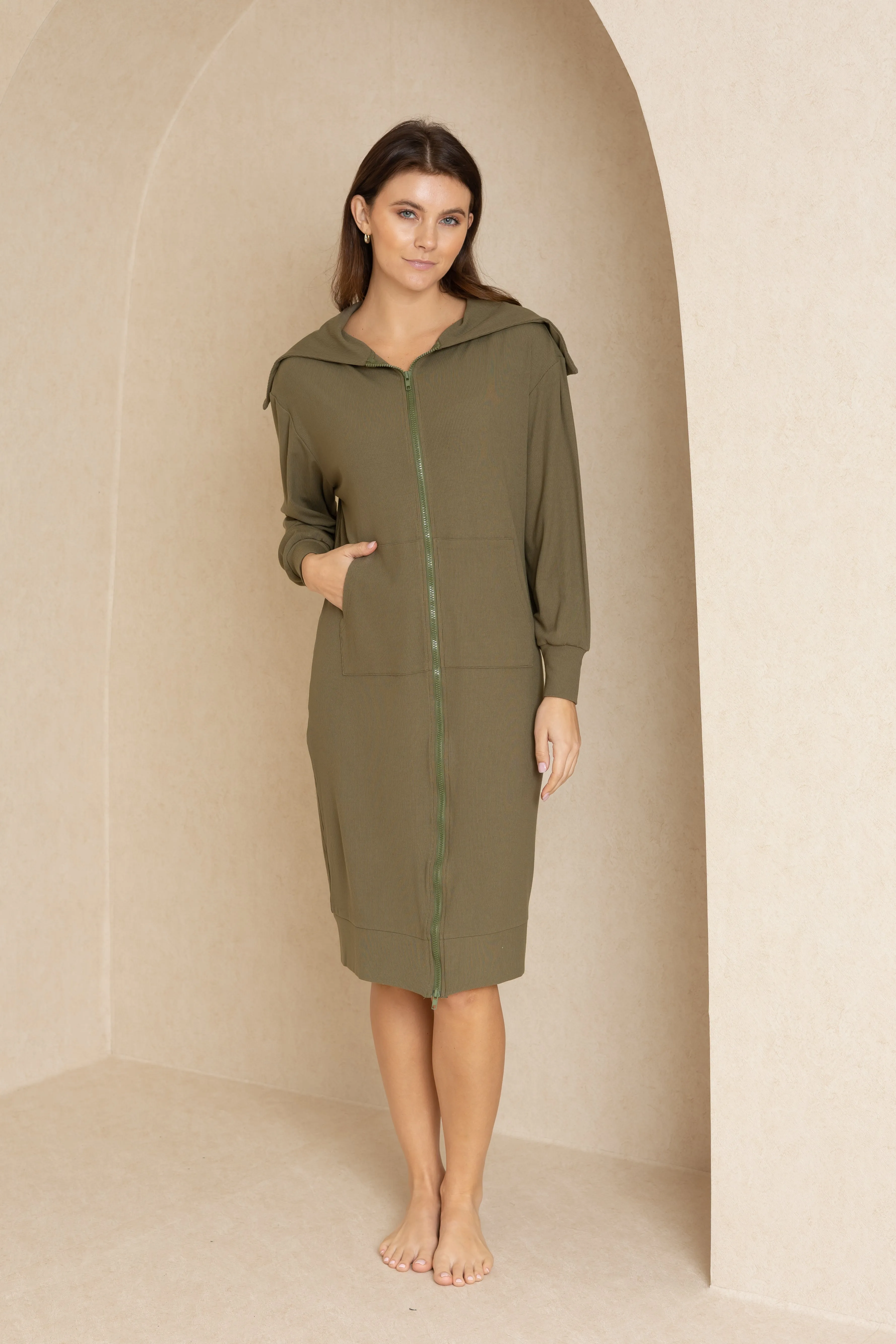 Green Ribbed Zipper Dress