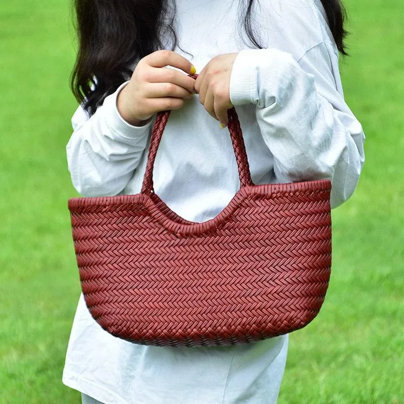 Handcrafted Woven Leather Tote Bag, Leather Hand Woven Triple Jump Bamboo Style Ladies HOBO Bag, Summer Holiday Bag, Women Woven Bag