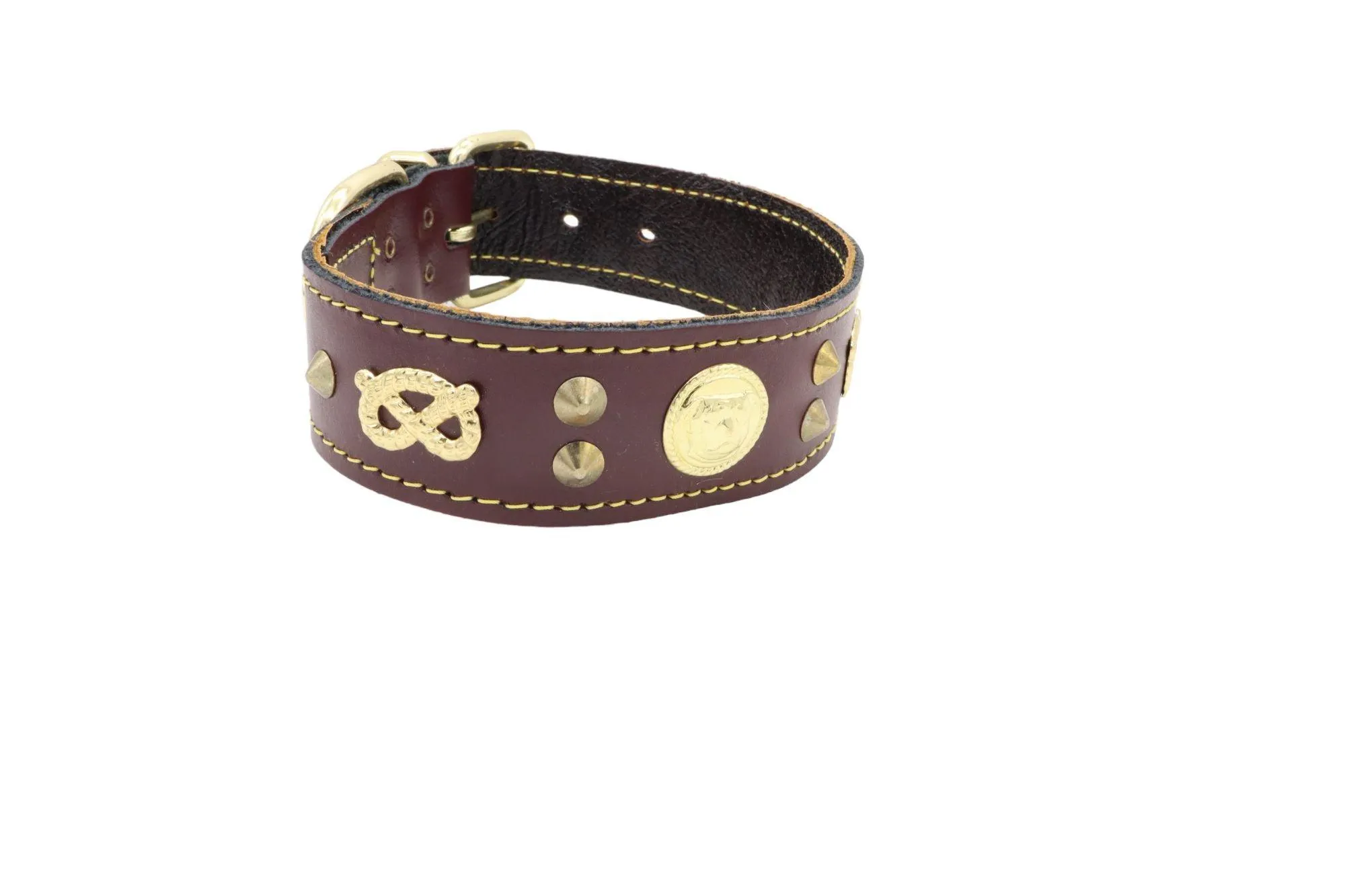 Handmade Leather Staffordshire Bull Terrier Collar with Unique Knot, Studs, and Emblem