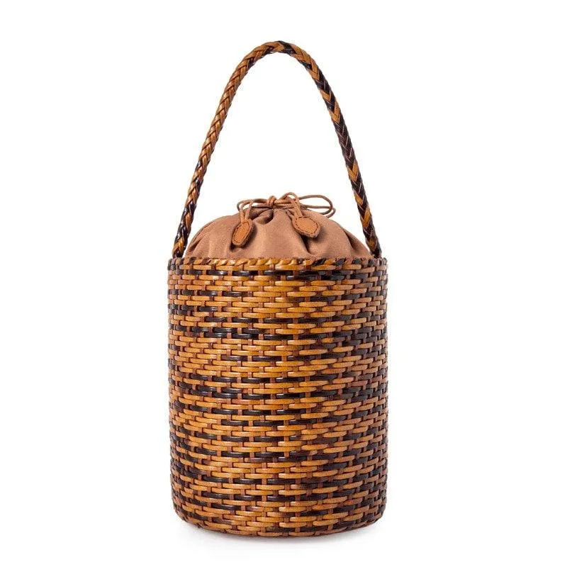 Handwoven Genuine Leather Bucket Bag, Woven Triple Jump Bamboo Ladies Handbag, Weekend Basket Bag, Summer Beach Bag, Coffee, Brown