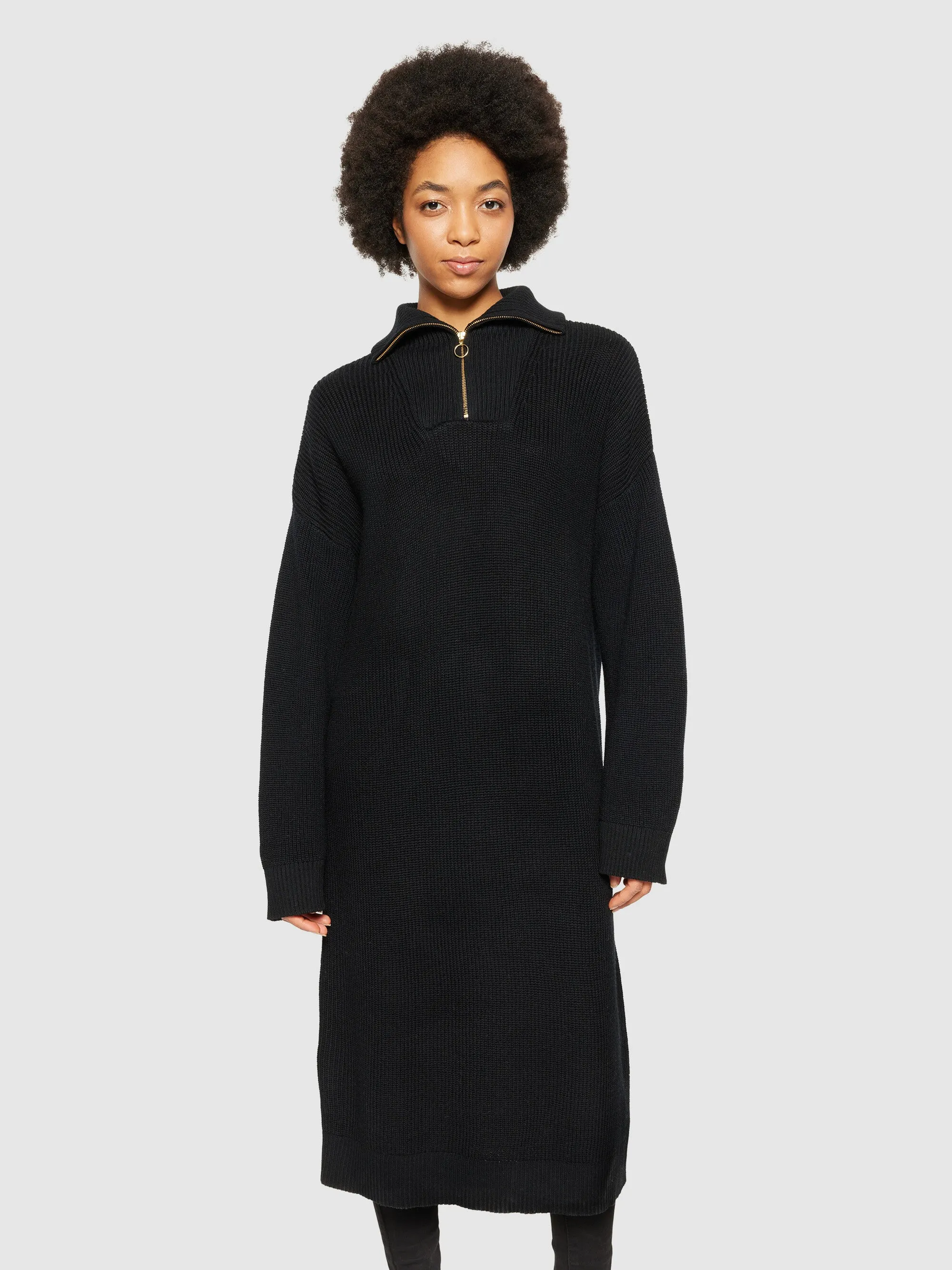 Heavy rib half zip knit dress - Black Jet