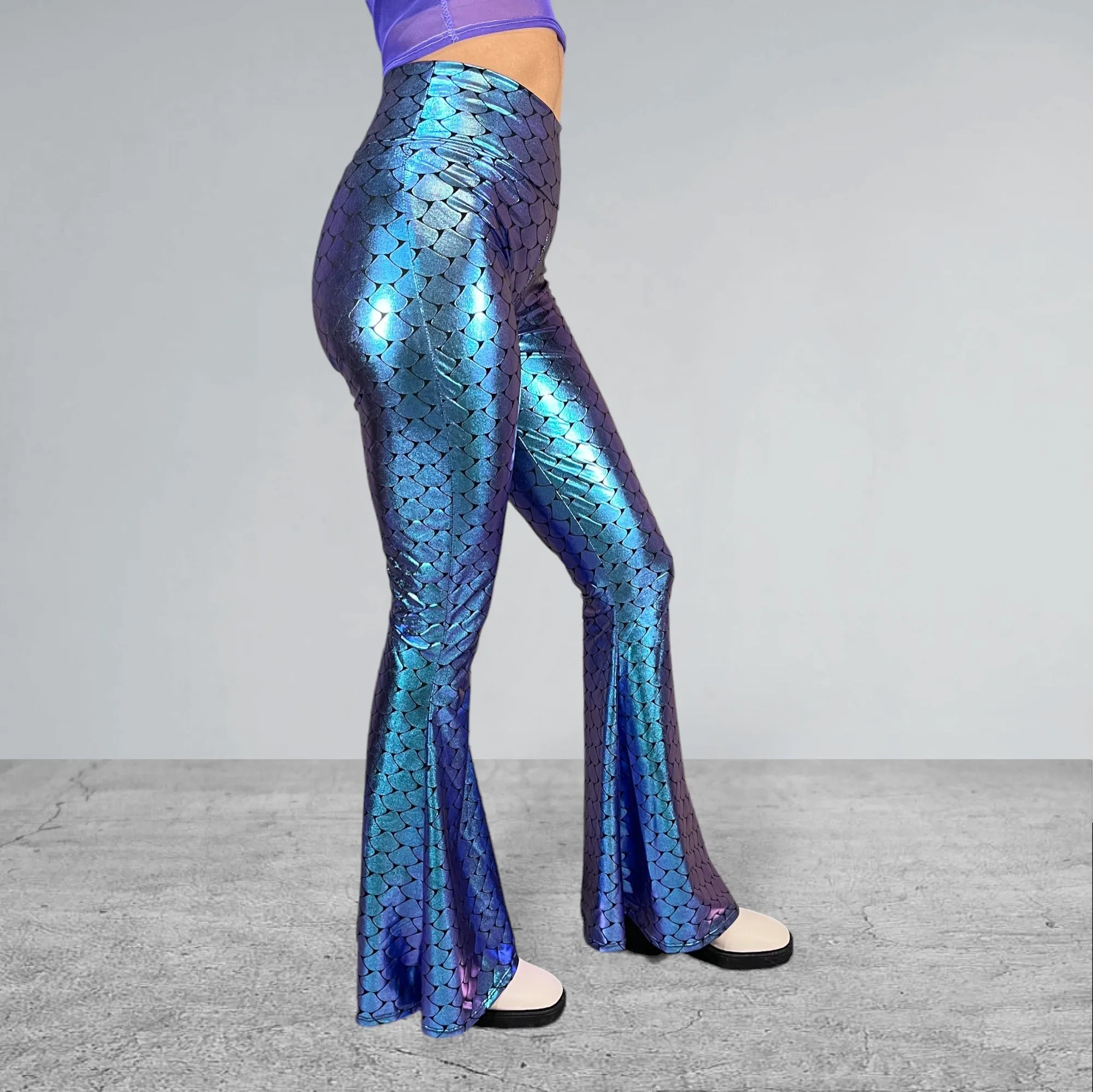 High-Waist Holographic Mermaid Flare Pants