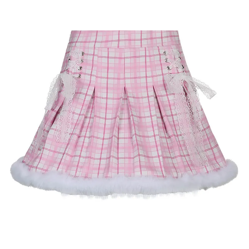 Ins Spice Girl wool stitched Pink Plaid pleated skirt BY4088