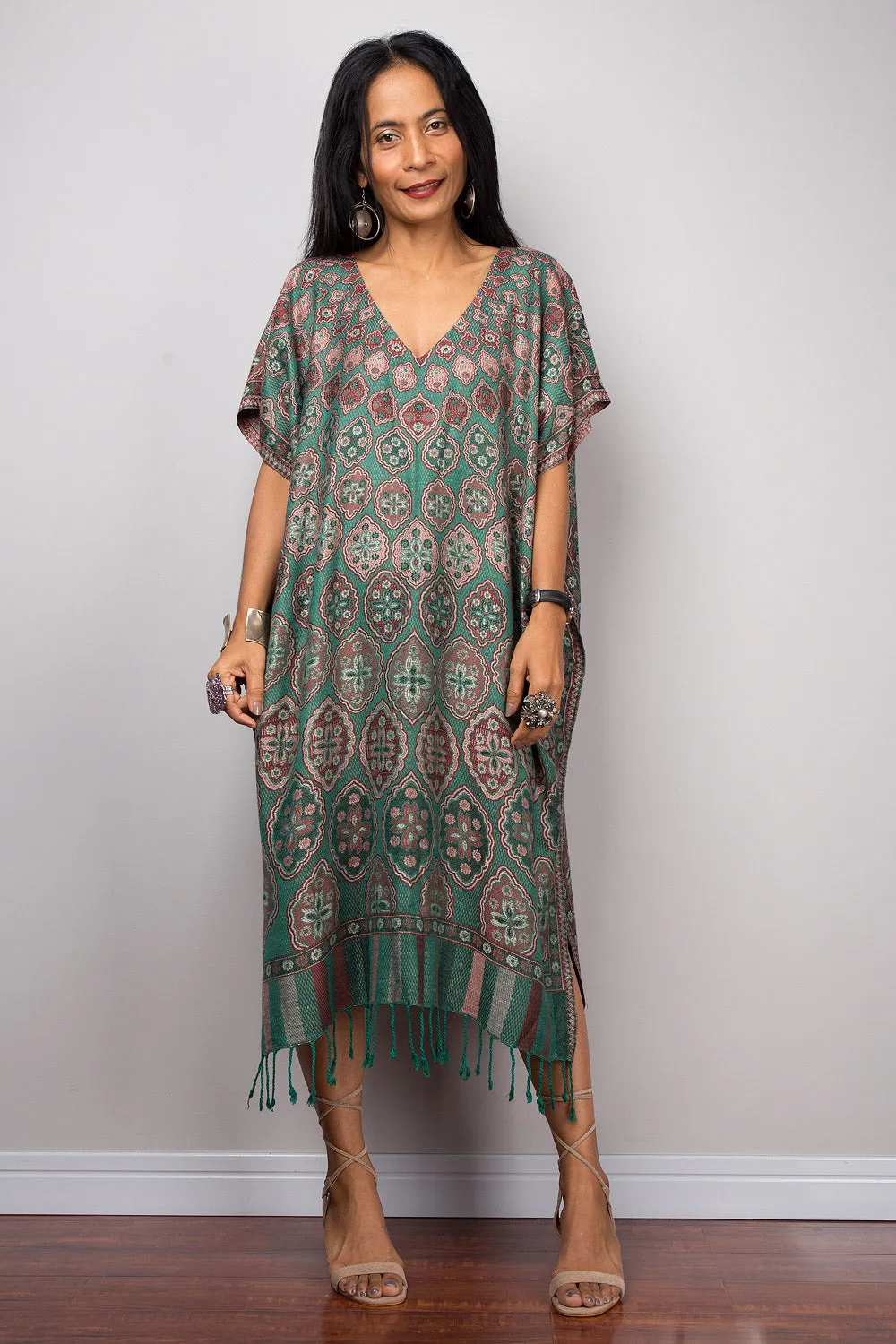 Kaftan, Women's Green Tunic, Short kaftan, Summer tunic, Boho dress, Beach wear, Midi kaftan