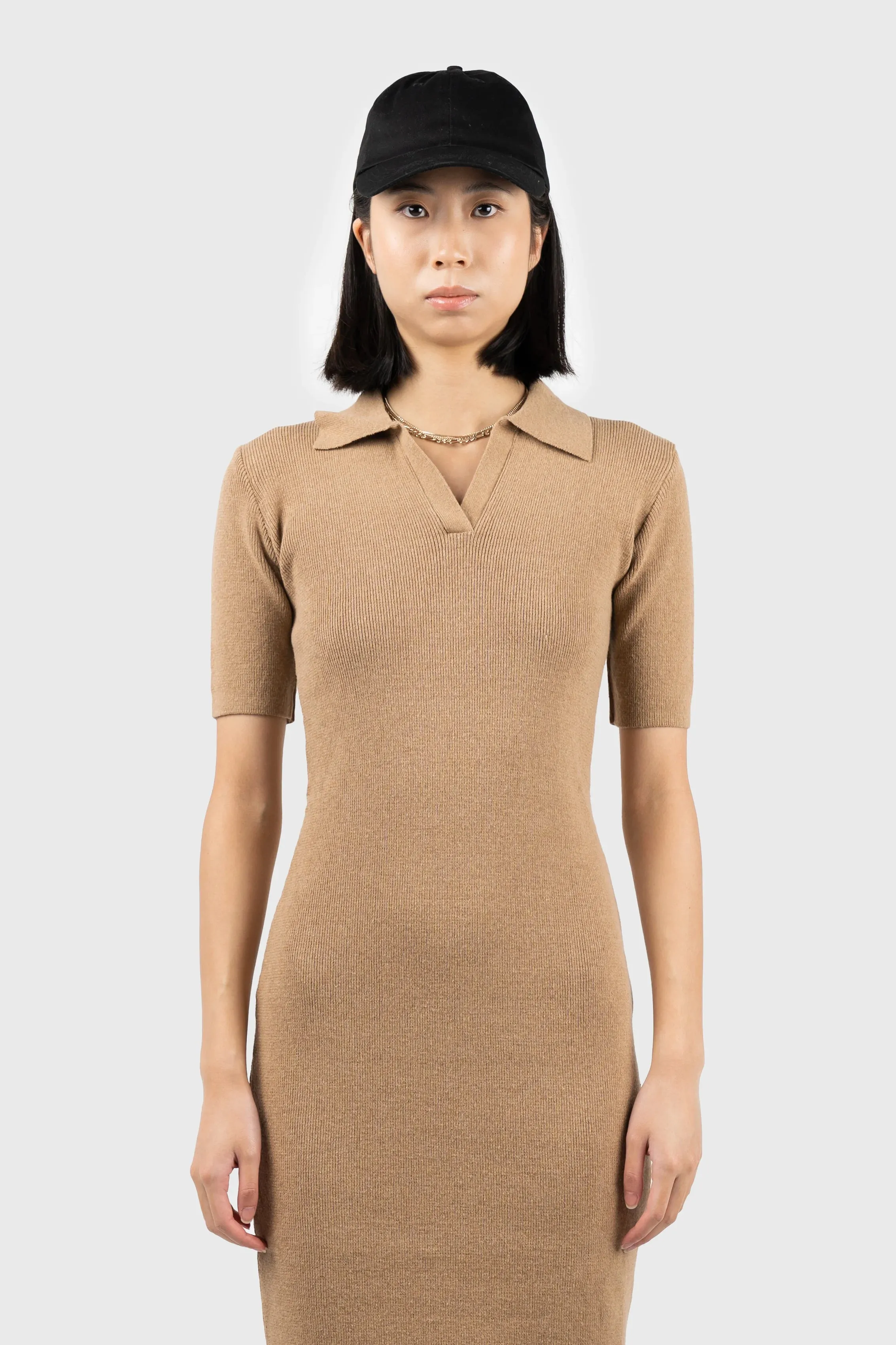 Knitted Open Collar Midi Dress