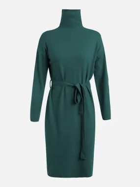 Knitted Turtle Neck Lace-Up Waist Midi Dress (Dark Green)