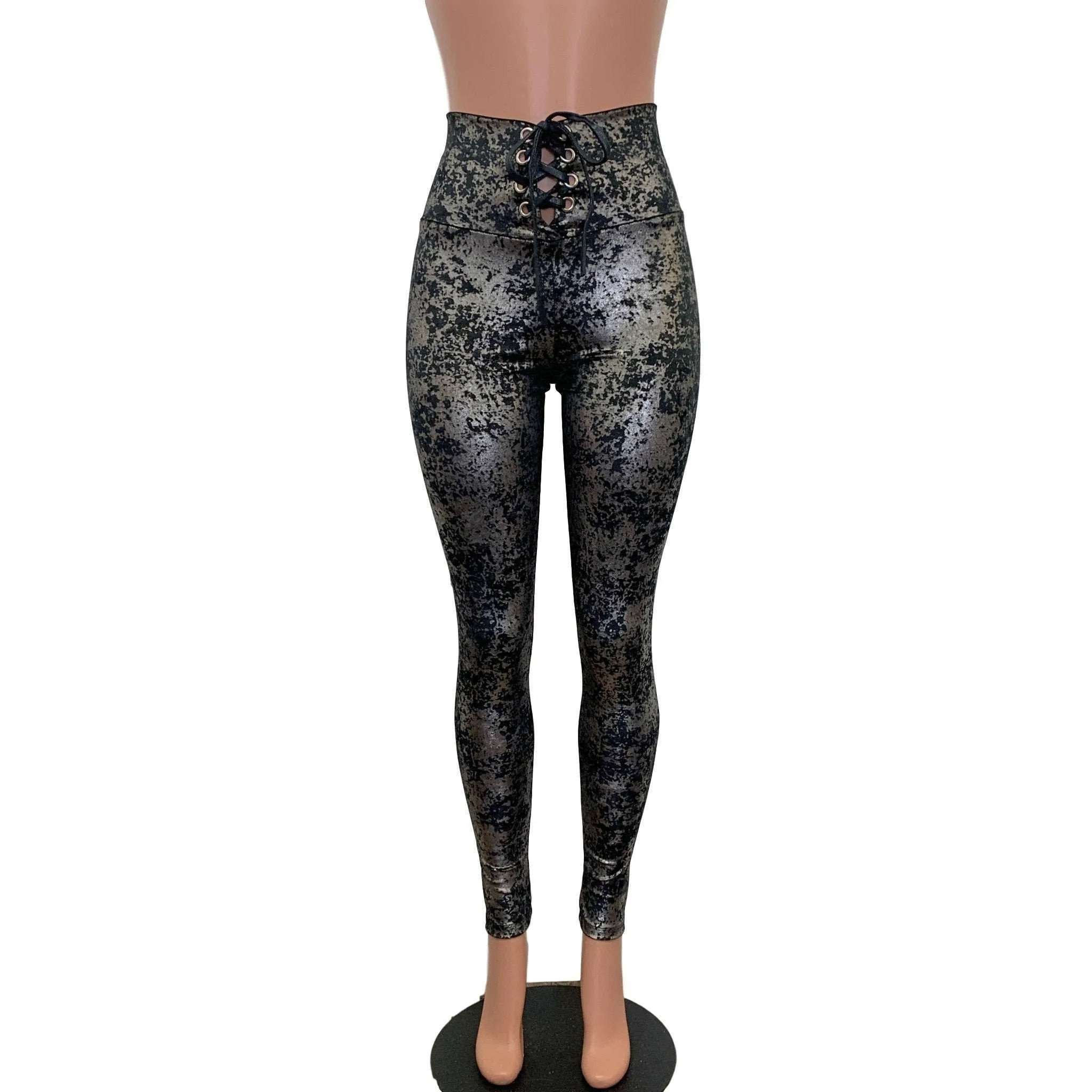 Lace-Up High Waist Leggings - Gunmetal on Black Gilded Velvet