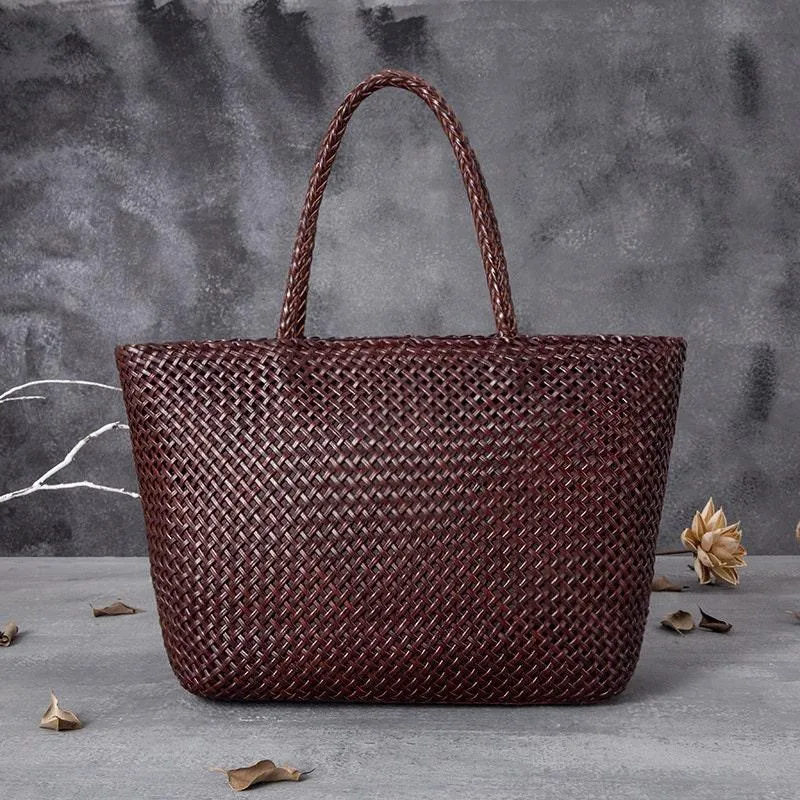 Large Genuine Leather Tote Bag, Woven Leather Handbag, Handwoven Triple Jump Bamboo Style Ladies Hobo Beach Bag, Weekend Shopping Bag