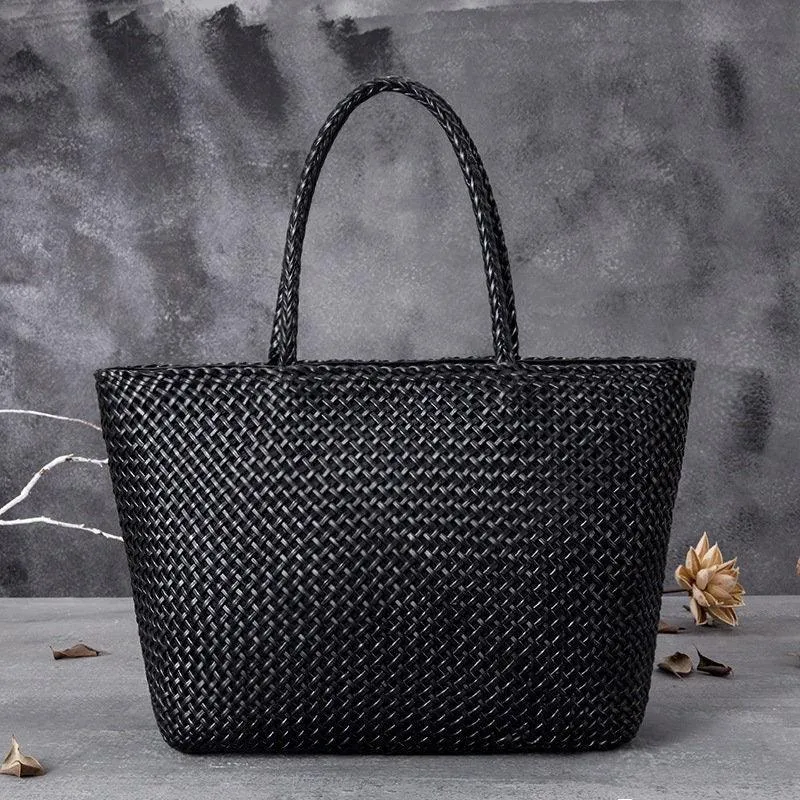 Large Genuine Leather Tote Bag, Woven Leather Handbag, Handwoven Triple Jump Bamboo Style Ladies Hobo Beach Bag, Weekend Shopping Bag