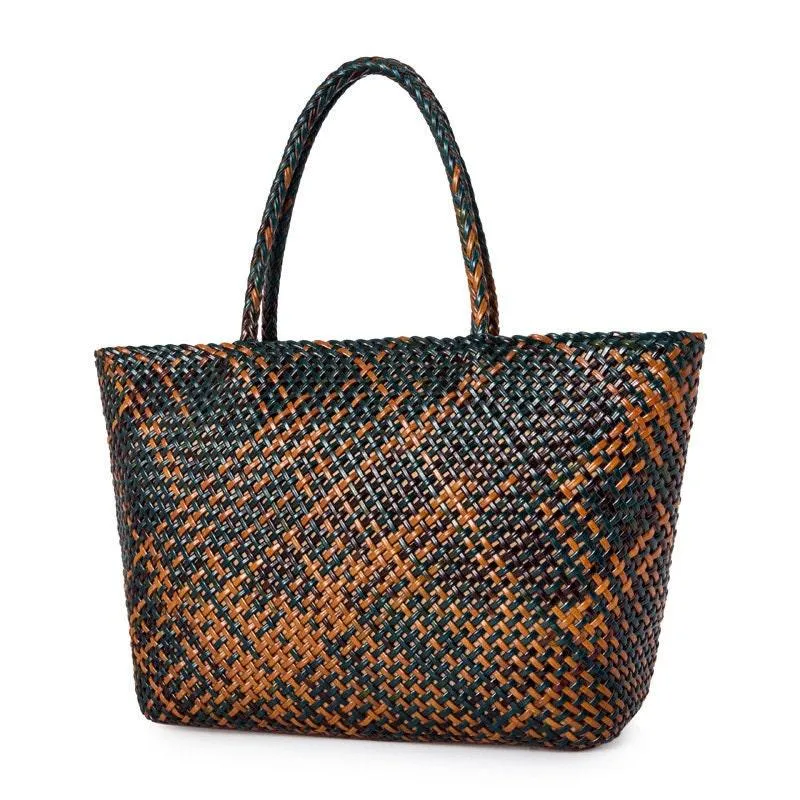 Large Genuine Leather Tote Bag, Woven Leather Handbag, Handwoven Triple Jump Bamboo Style Ladies Hobo Beach Bag, Weekend Shopping Bag