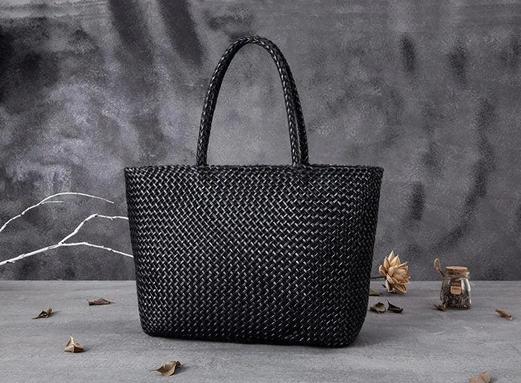 Large Genuine Leather Tote Bag, Woven Leather Handbag, Handwoven Triple Jump Bamboo Style Ladies Hobo Beach Bag, Weekend Shopping Bag