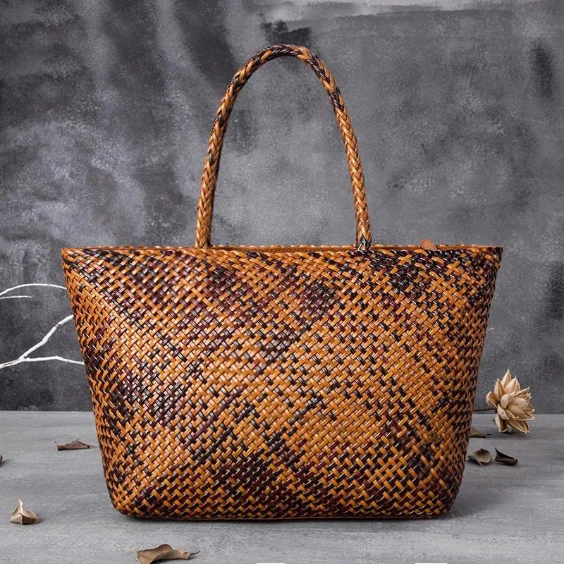 Large Genuine Leather Tote Bag, Woven Leather Handbag, Handwoven Triple Jump Bamboo Style Ladies Hobo Beach Bag, Weekend Shopping Bag