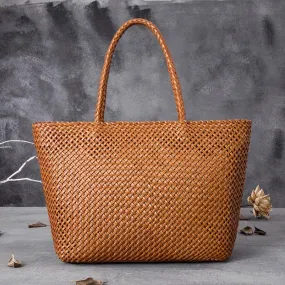 Large Genuine Leather Tote Bag, Woven Leather Handbag, Handwoven Triple Jump Bamboo Style Ladies Hobo Beach Bag, Weekend Shopping Bag