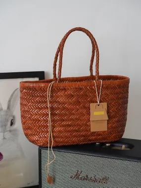 Leather Handbag Italy Leather Bag Woven Leather Tote Bag | Hand Woven Triple Jump Bamboo Style Ladies Hobo Holiday Bag, Weekend Bag