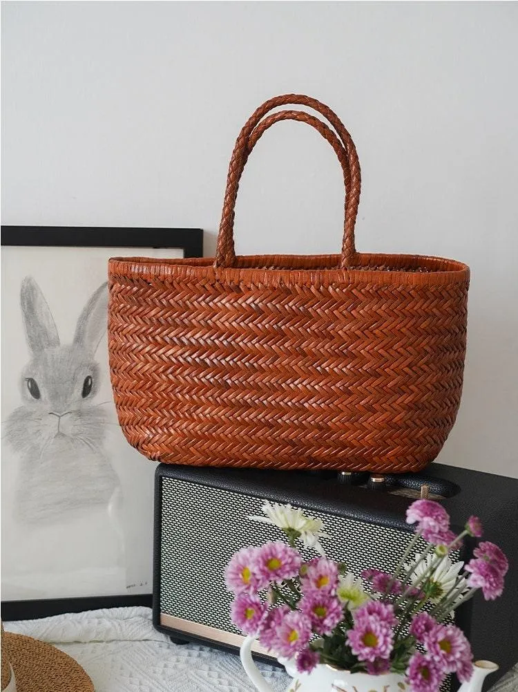 Leather Handbag Italy Leather Bag Woven Leather Tote Bag | Hand Woven Triple Jump Bamboo Style Ladies Hobo Holiday Bag, Weekend Bag