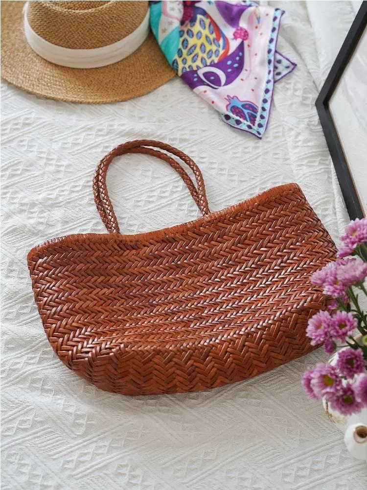 Leather Handbag Italy Leather Bag Woven Leather Tote Bag | Hand Woven Triple Jump Bamboo Style Ladies Hobo Holiday Bag, Weekend Bag