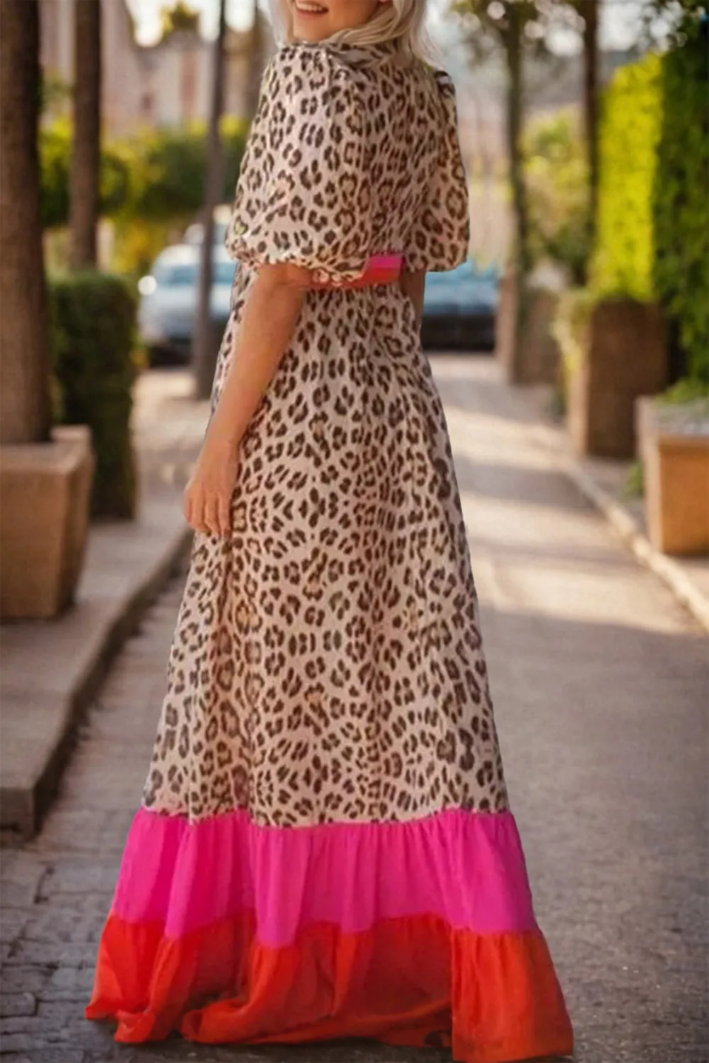 Leopard Colorblock Patchwork Bubble Sleeve Maxi Dress