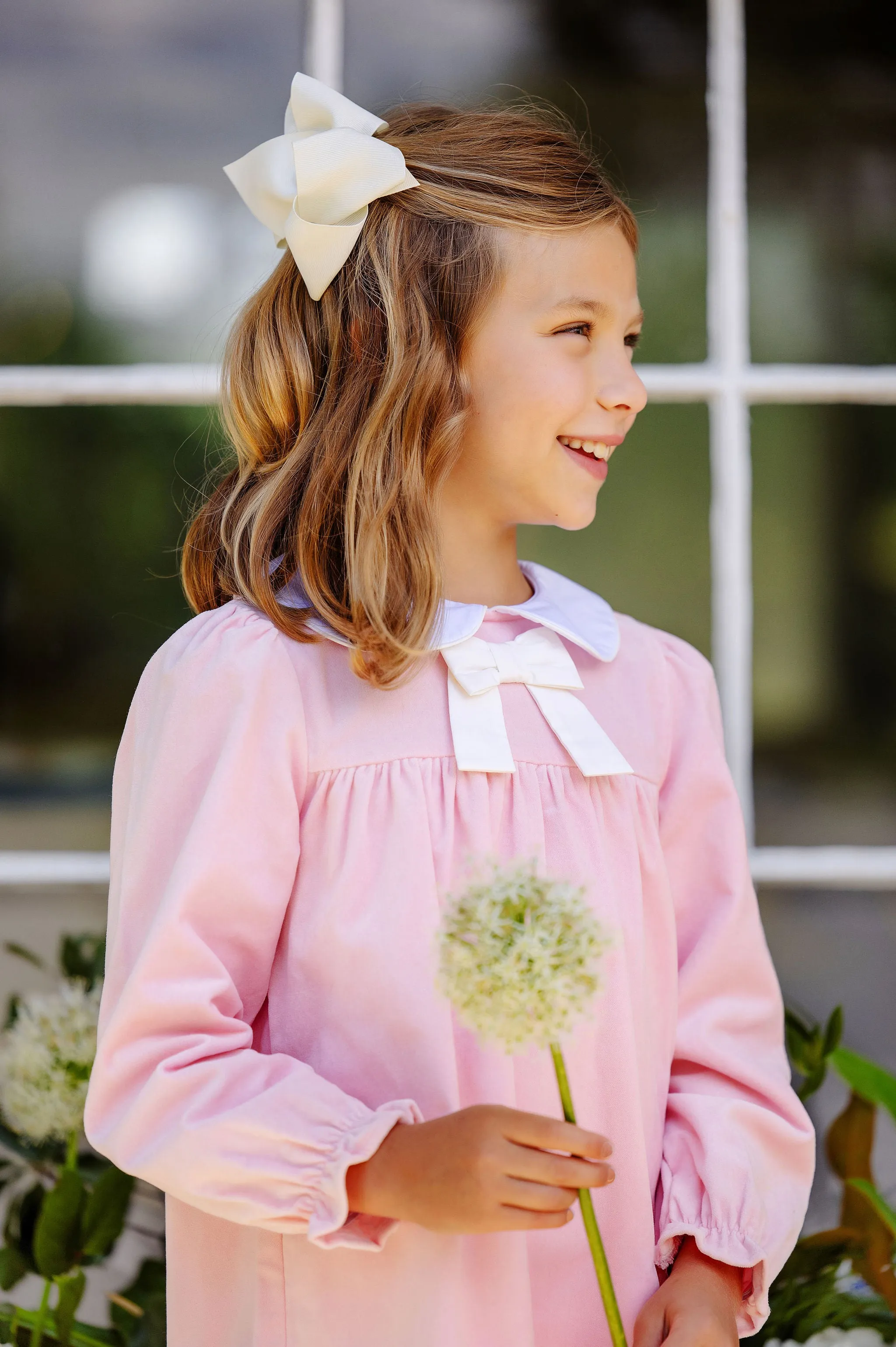 Long Sleeve Banks Bow Dress (Velveteen) - Sandpearl Pink with Palmetto Pearl