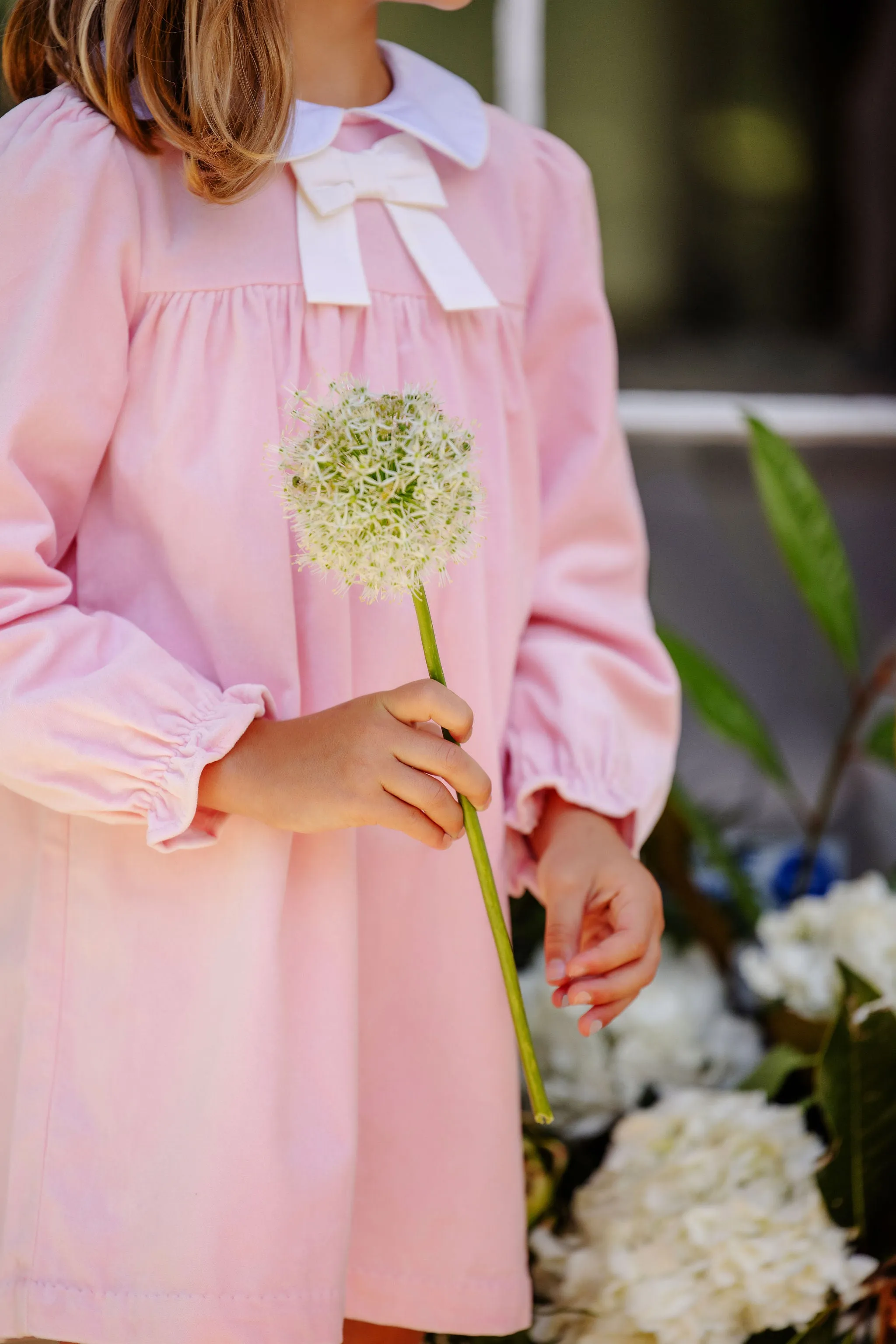 Long Sleeve Banks Bow Dress (Velveteen) - Sandpearl Pink with Palmetto Pearl