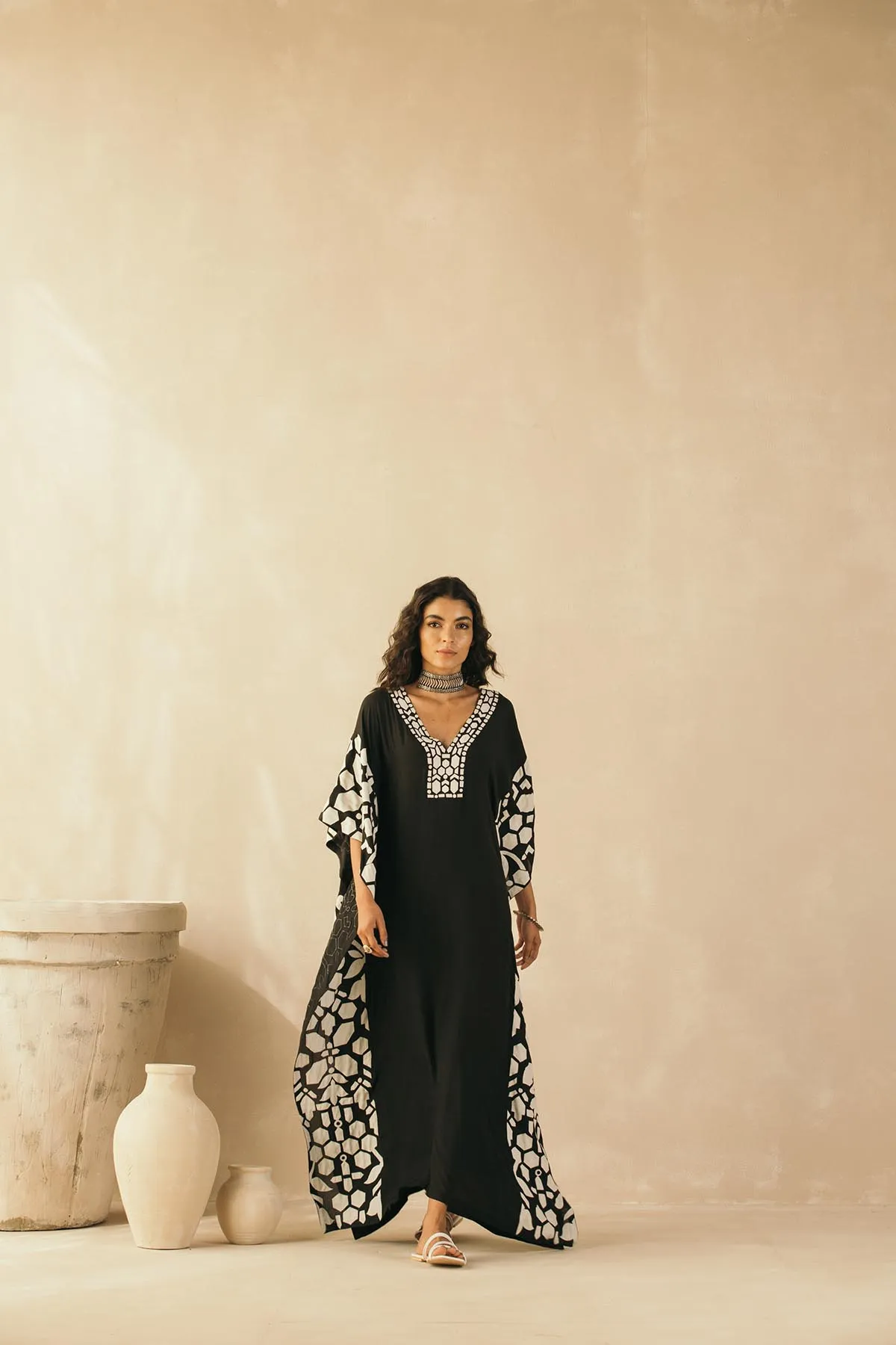 Midnight Black Appliqued Kaftan