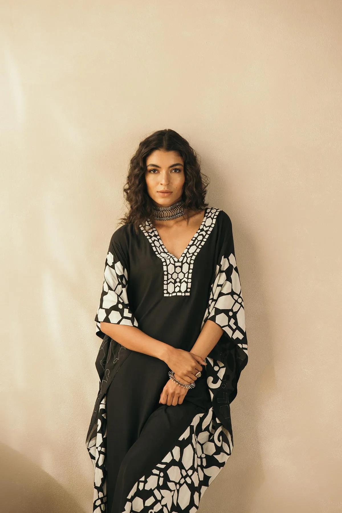 Midnight Black Appliqued Kaftan