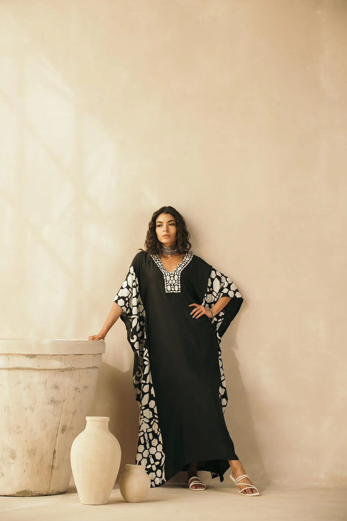 Midnight Black Appliqued Kaftan