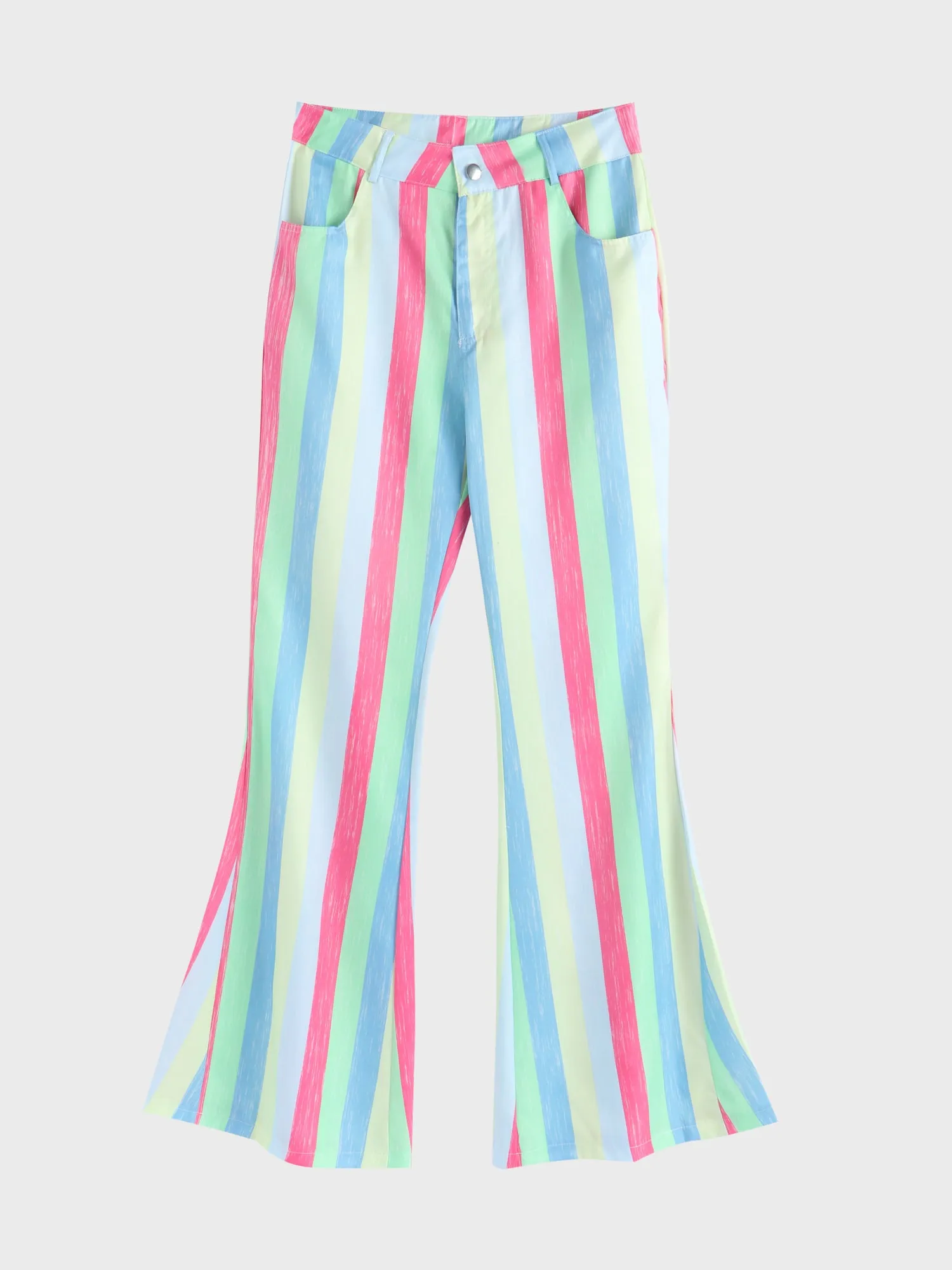 Midsize Mid Rise Striped Colorblock Flared Pants with Pockets