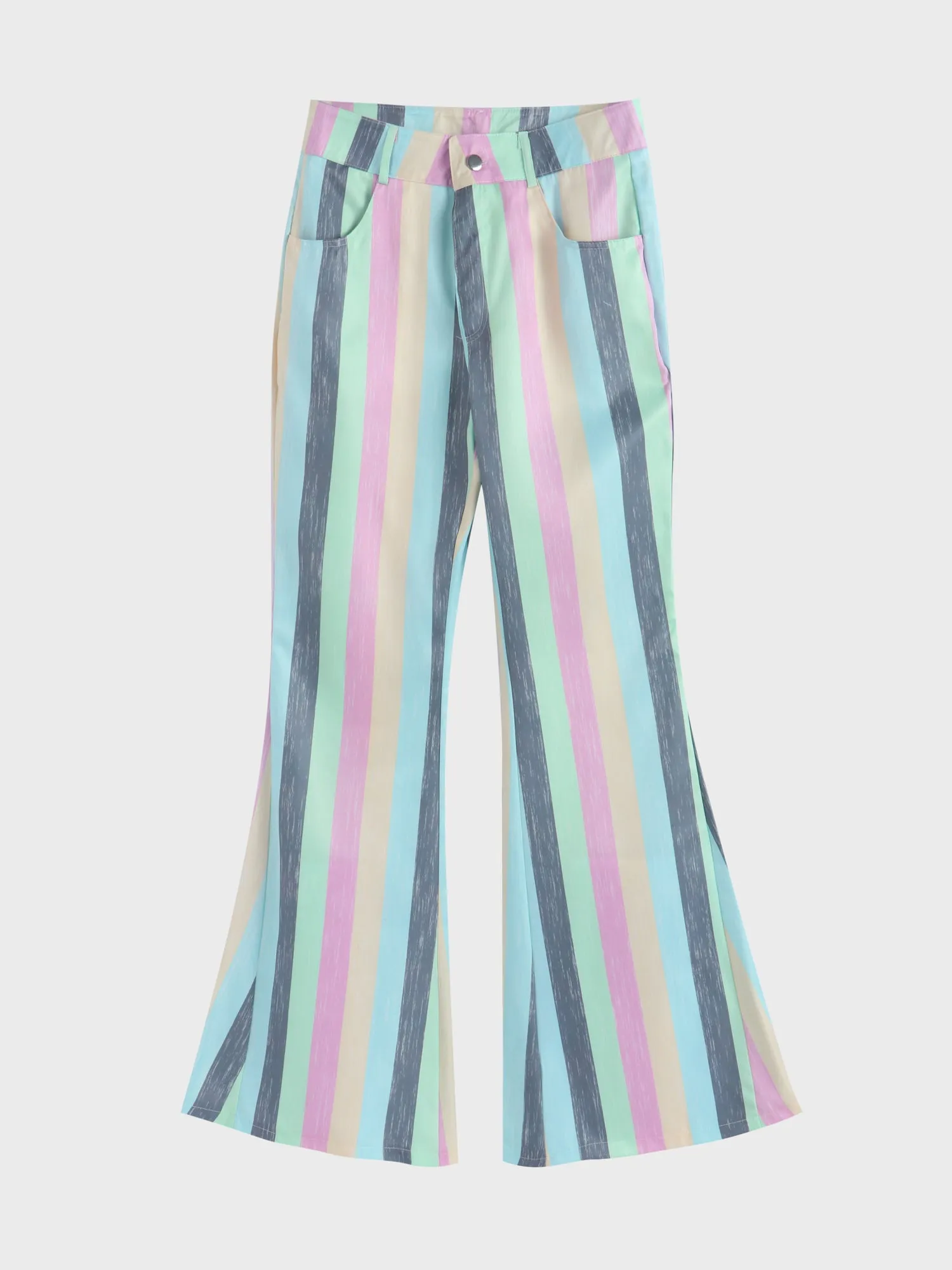 Midsize Mid Rise Striped Colorblock Flared Pants with Pockets