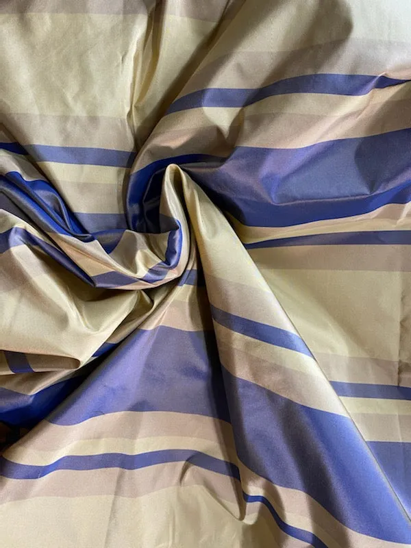 NEW Anabella's 100% Silk Taffeta Fabric with Periwinkle and Ecru Stripes