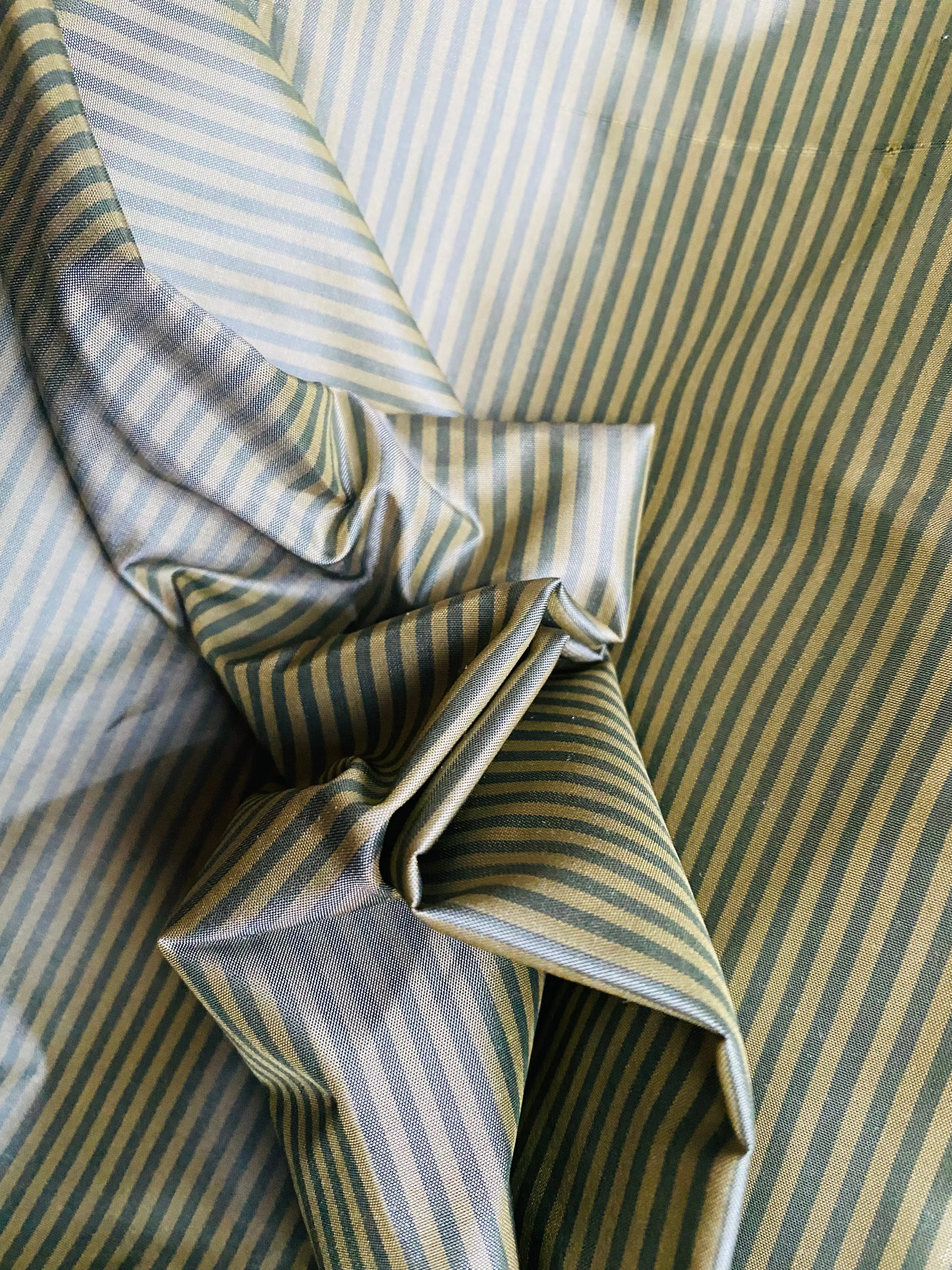 NEW Lady Bernadette 100% Silk Taffeta Fabric with 1/8” Grey and Gold Pinstripes SB_8_51