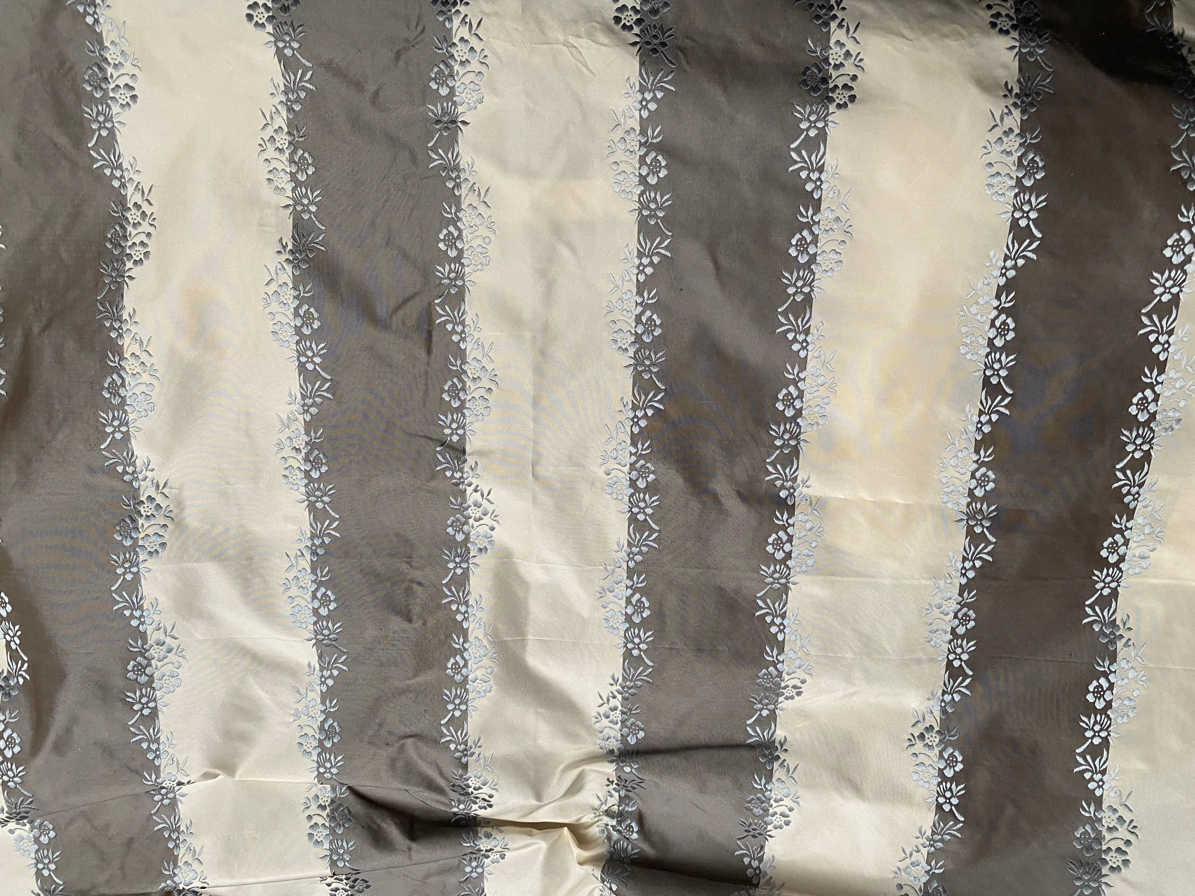 NEW Lady Kristen Designer 100% Silk Taffeta Embroidered Stripe Floral Fabric- Ice Blue & Warm Grey