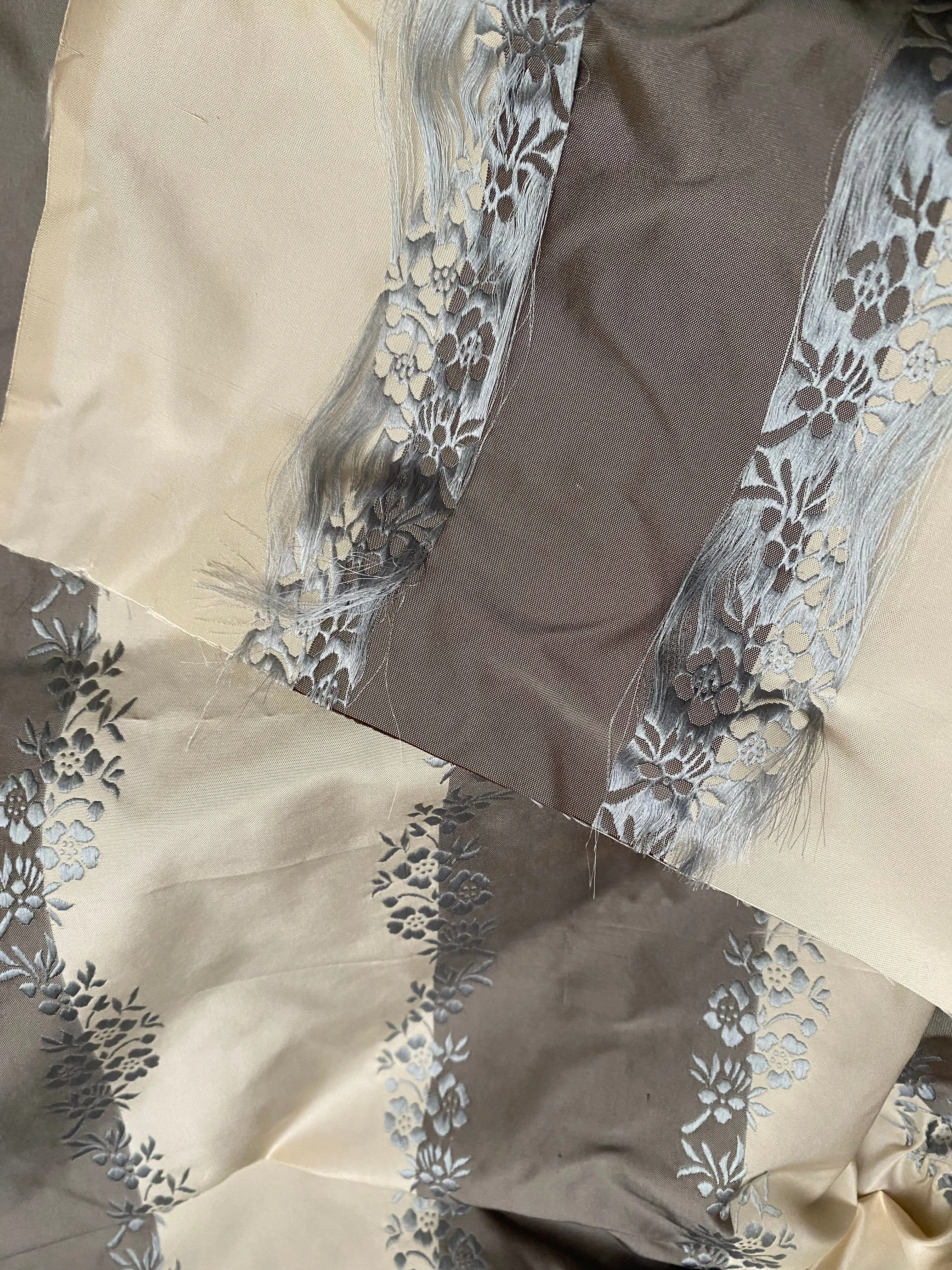 NEW Lady Kristen Designer 100% Silk Taffeta Embroidered Stripe Floral Fabric- Ice Blue & Warm Grey