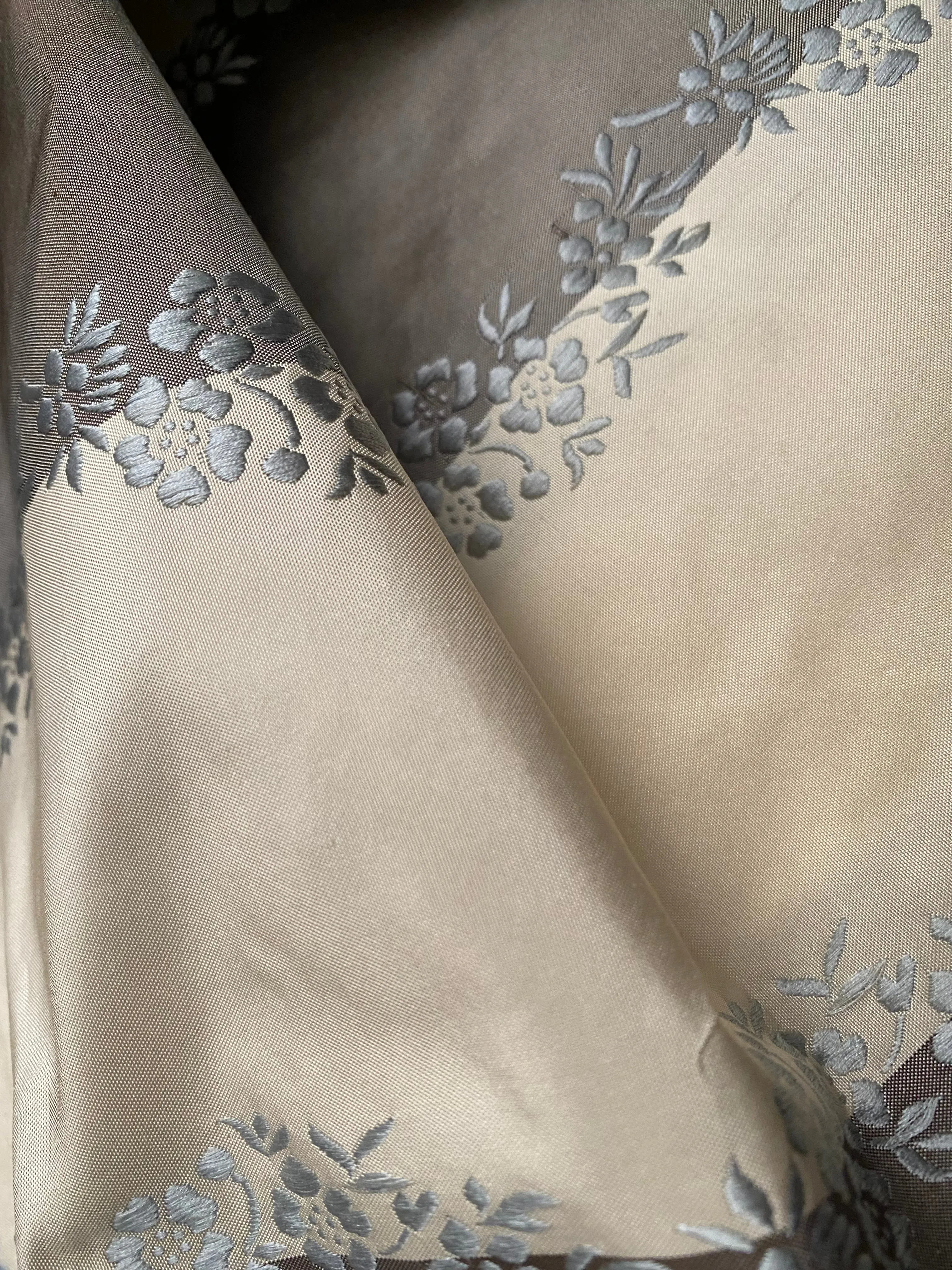 NEW Lady Kristen Designer 100% Silk Taffeta Embroidered Stripe Floral Fabric- Ice Blue & Warm Grey