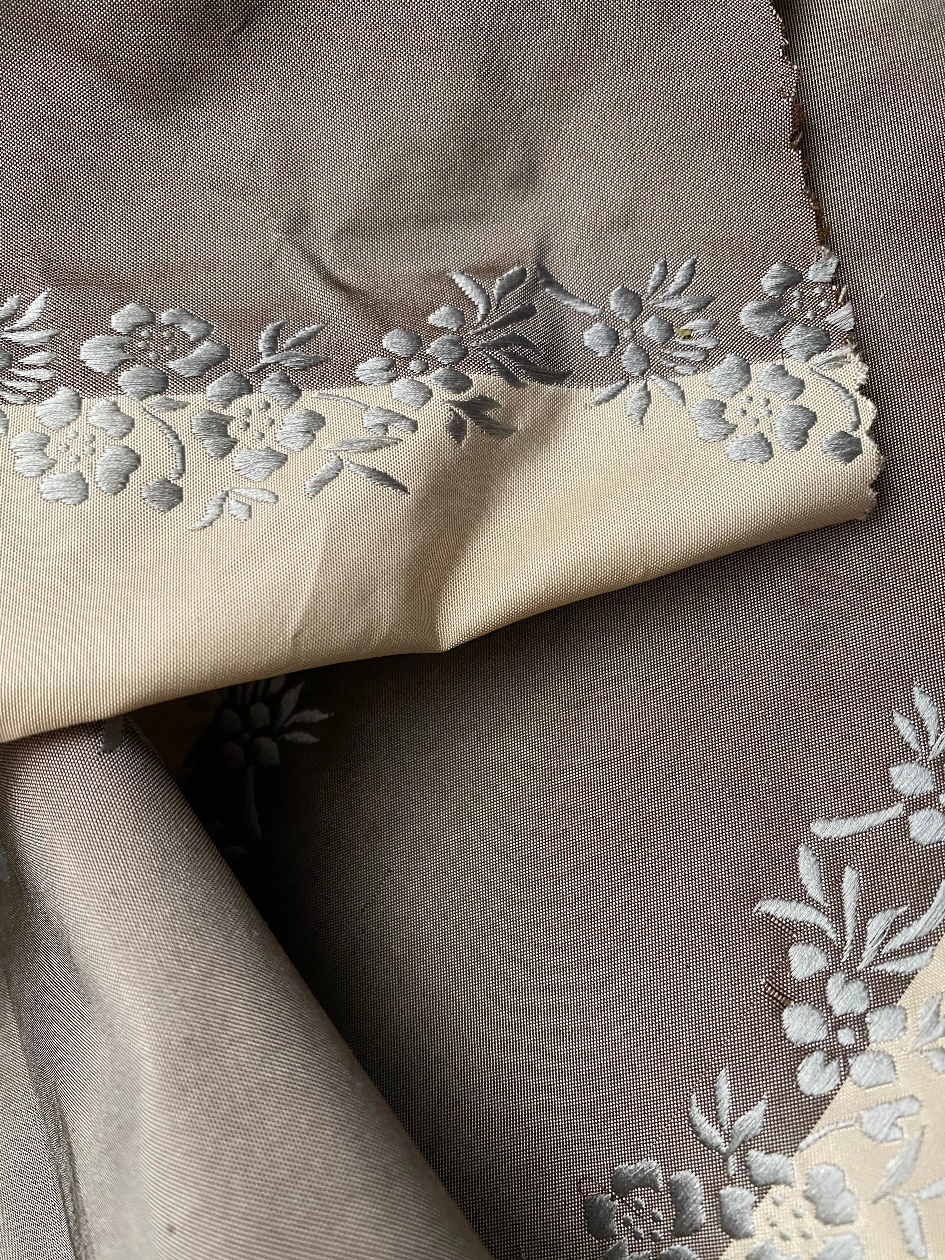 NEW Lady Kristen Designer 100% Silk Taffeta Embroidered Stripe Floral Fabric- Ice Blue & Warm Grey