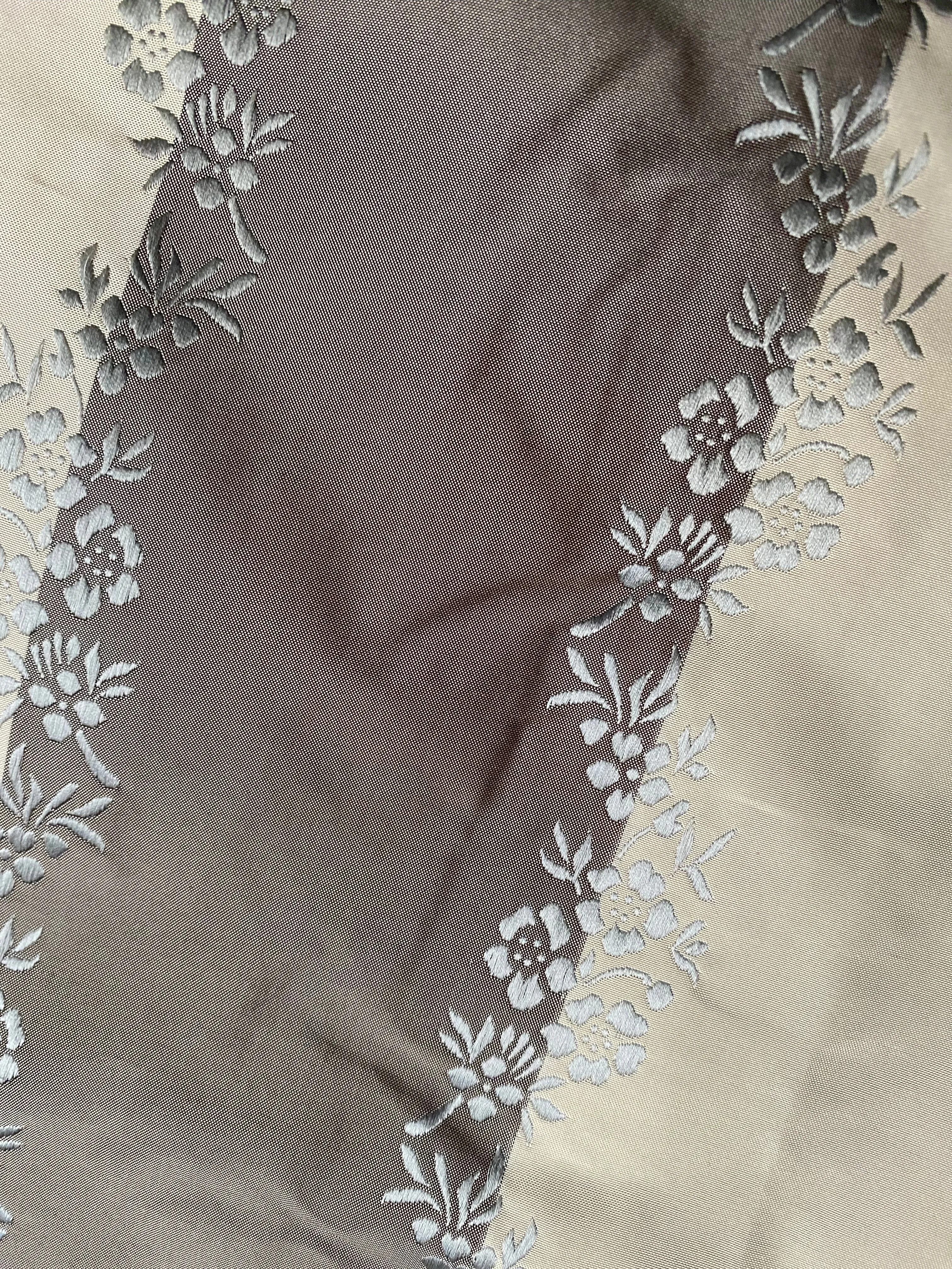 NEW Lady Kristen Designer 100% Silk Taffeta Embroidered Stripe Floral Fabric- Ice Blue & Warm Grey