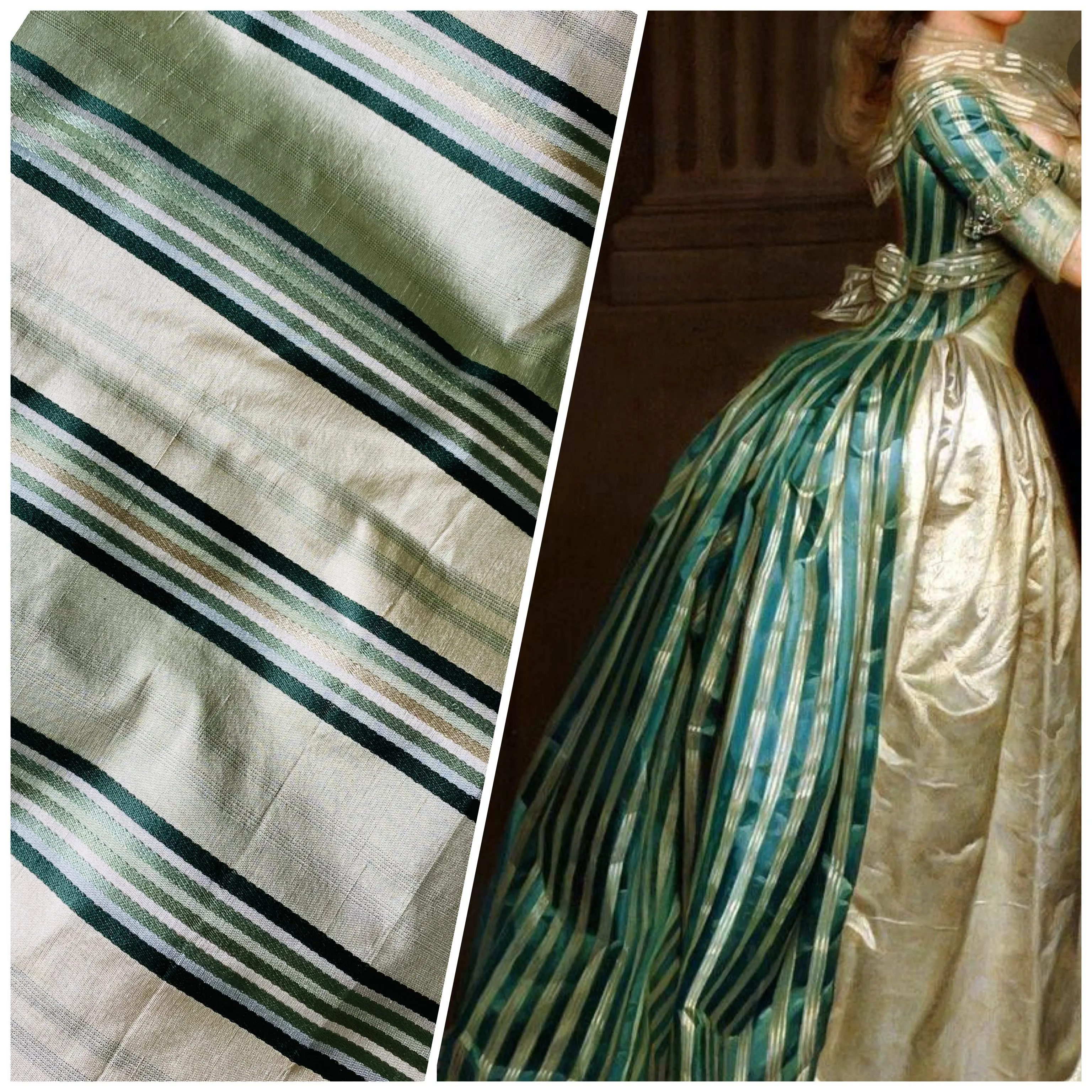 NEW Miss Charlotte 100% Silk Dupioni Fabric - Cream White with Emerald Green Stripes