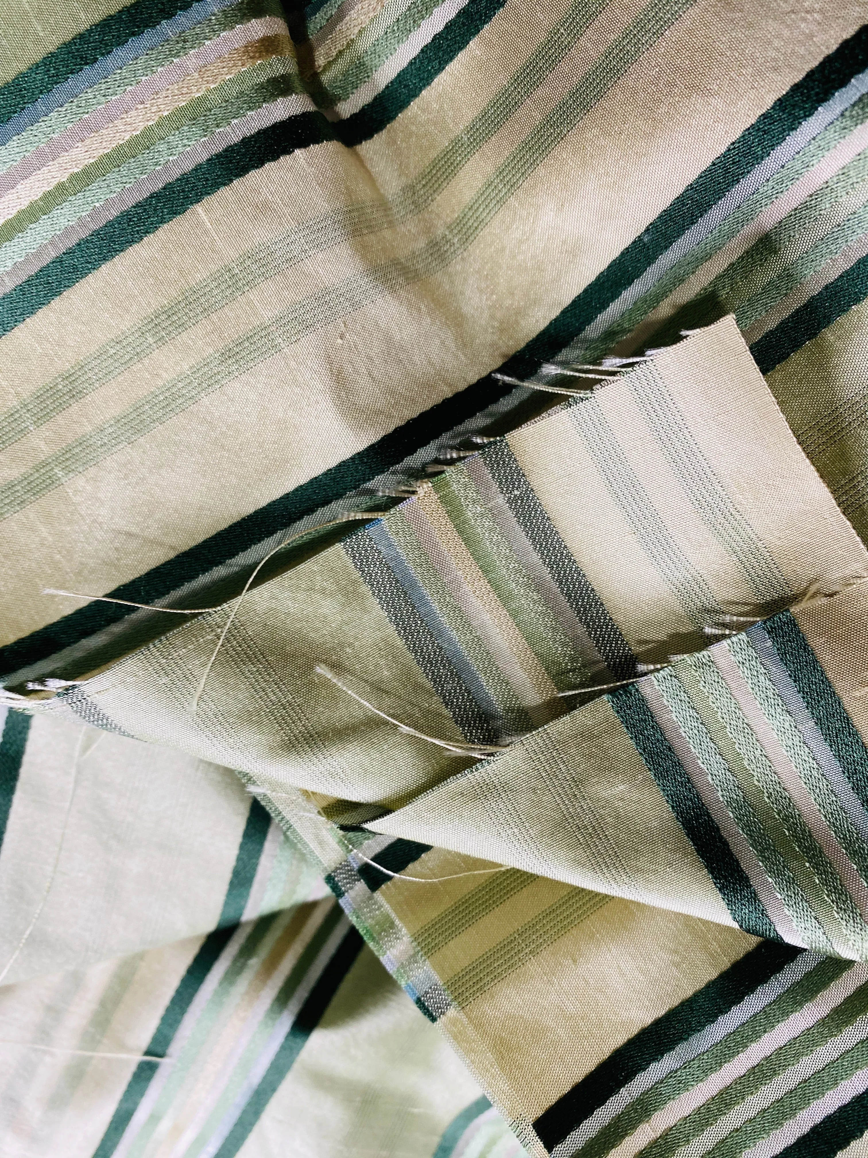 NEW Miss Charlotte 100% Silk Dupioni Fabric - Cream White with Emerald Green Stripes