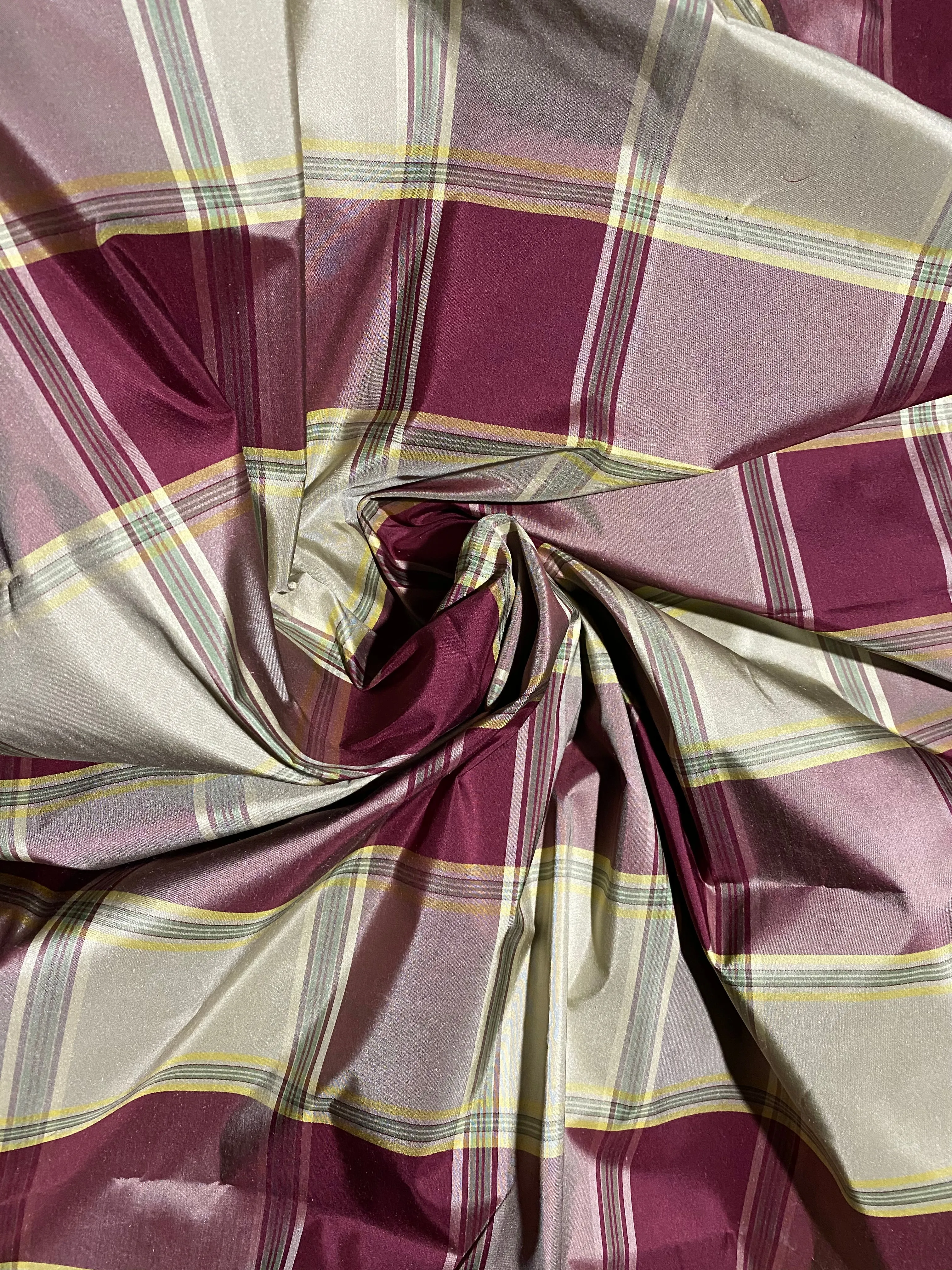 NEW Miss Dorothy 100% Silk Taffeta Plaid Tartan Fabric in White Cream and Burgundy Red SB_6_22