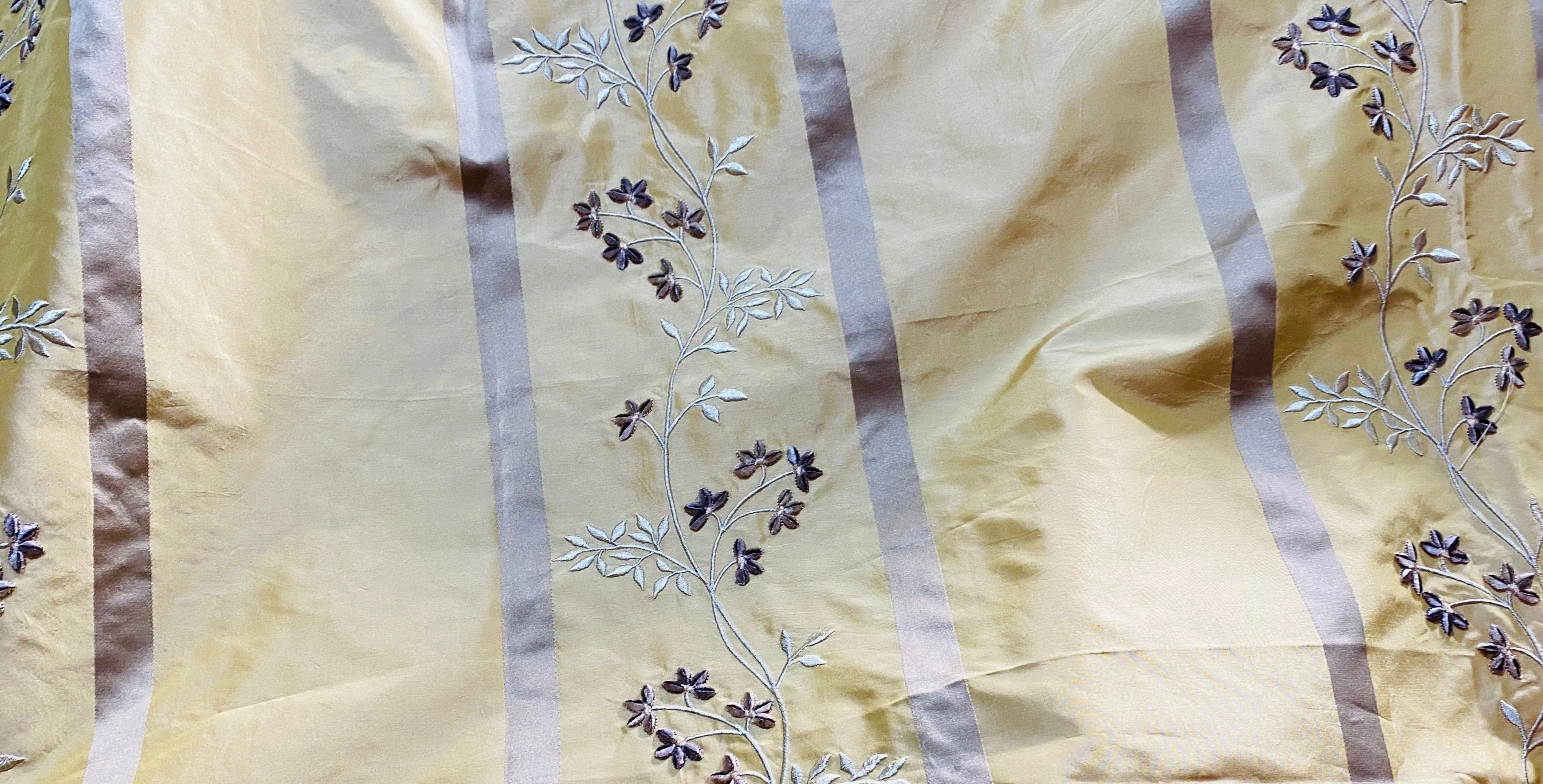 NEW Princess Harriet 100% Silk Taffeta Ribbon Stripes with Embroidered Velvet Yellow & Lavender Floral Motif Fabric