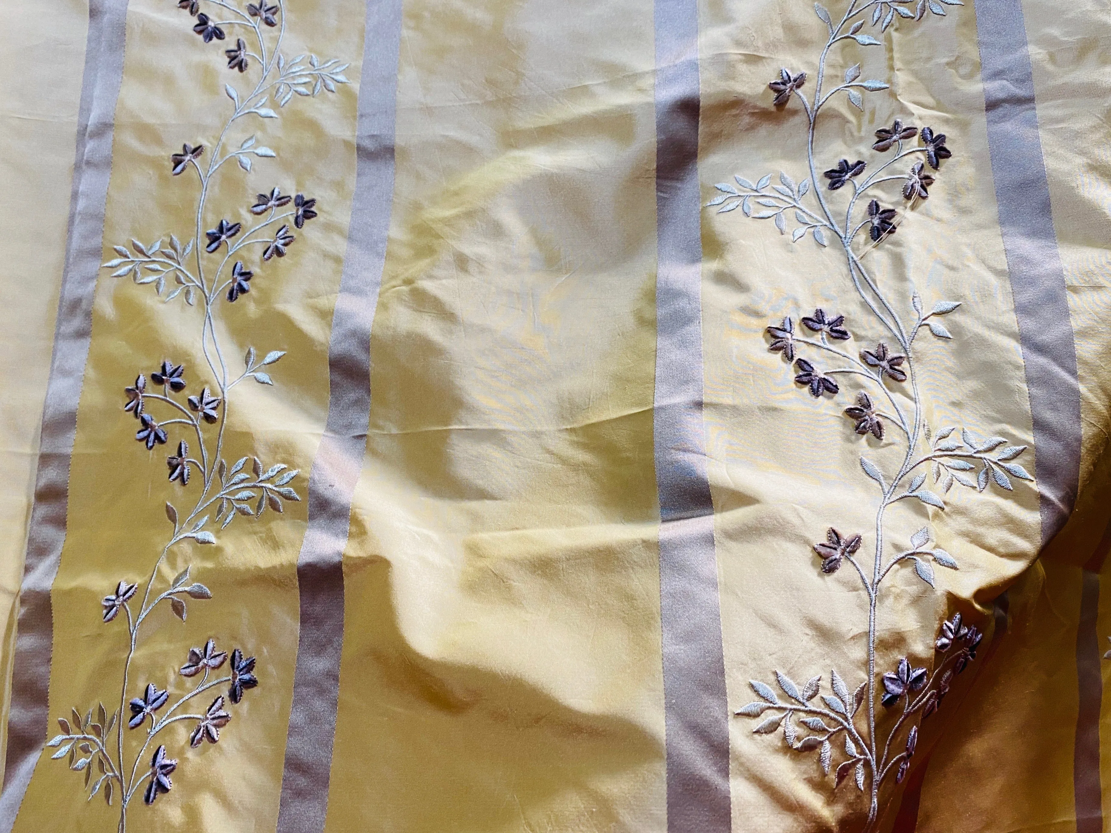 NEW Princess Harriet 100% Silk Taffeta Ribbon Stripes with Embroidered Velvet Yellow & Lavender Floral Motif Fabric