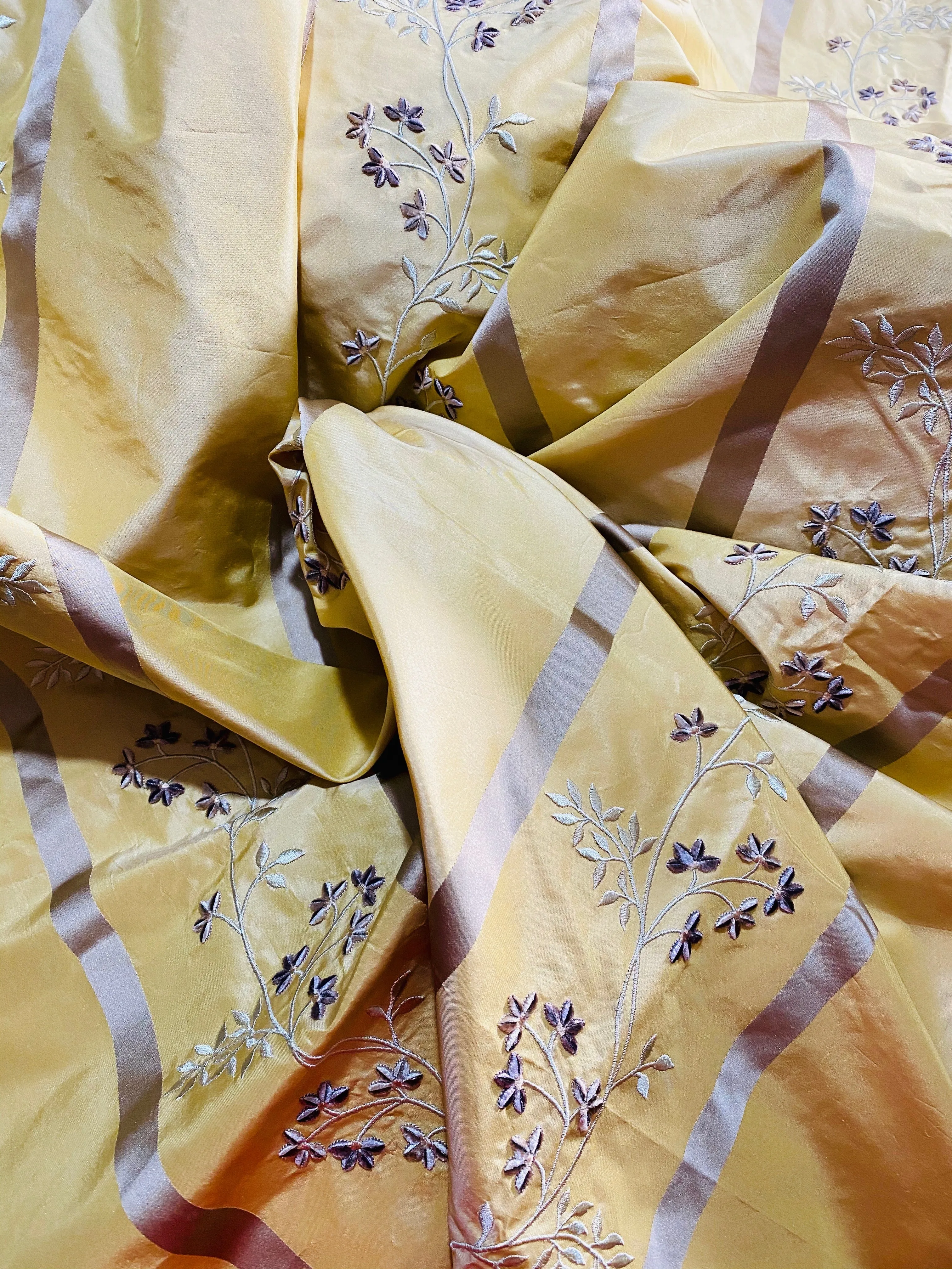 NEW Princess Harriet 100% Silk Taffeta Ribbon Stripes with Embroidered Velvet Yellow & Lavender Floral Motif Fabric