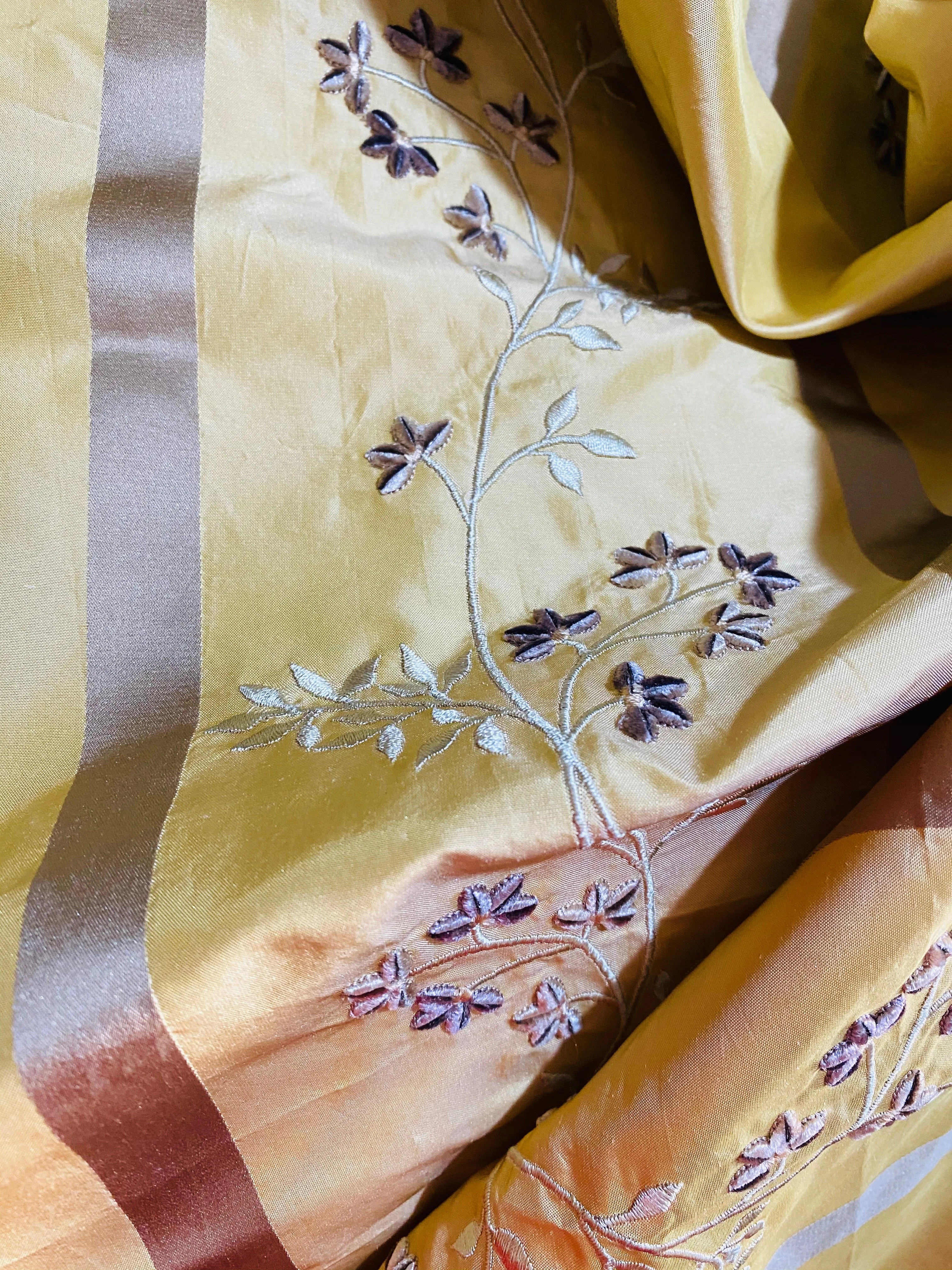 NEW Princess Harriet 100% Silk Taffeta Ribbon Stripes with Embroidered Velvet Yellow & Lavender Floral Motif Fabric